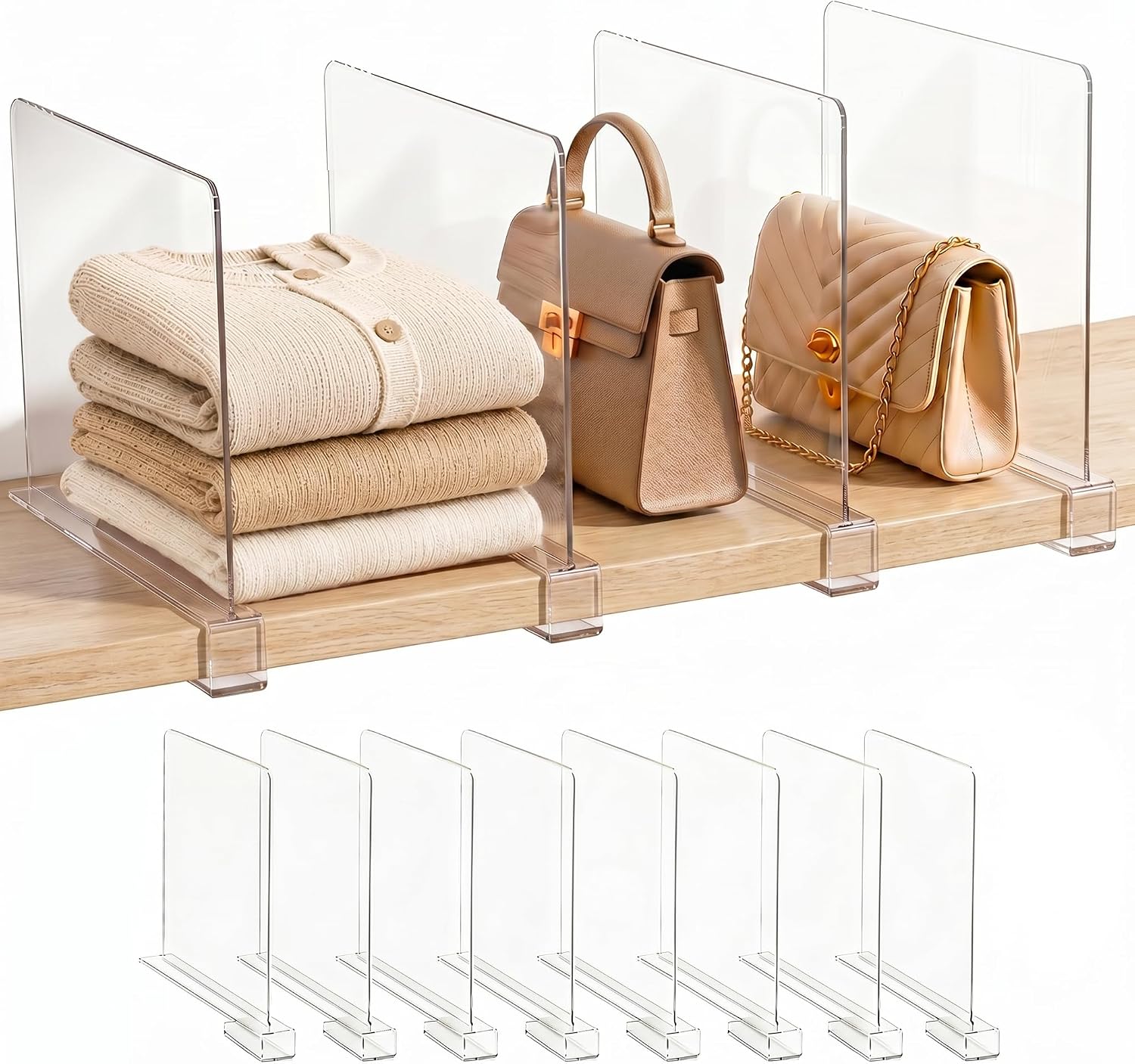 8 Pack Clear Shelf Dividers for Closet Organization – Adjustable Closet Shelf Organizer for Clothes, Sweaters, Handbags & Purses, Shelf Separators for Wooden Shelves, Perfect for Living Room