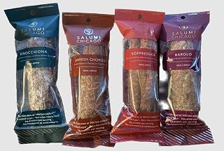 Salumi Chicago Artisan Salami (Variety) - Uncured, Gluten Free, Sugar Free, Keto Snack (4 x 5.3 oz.) Soppressata, Finocchiona, Barolo, Spanish Chorizo. Hand Toasted Spices, slowly fermented. No Cane Sugar, No Dextrose, No MSG, No lactose