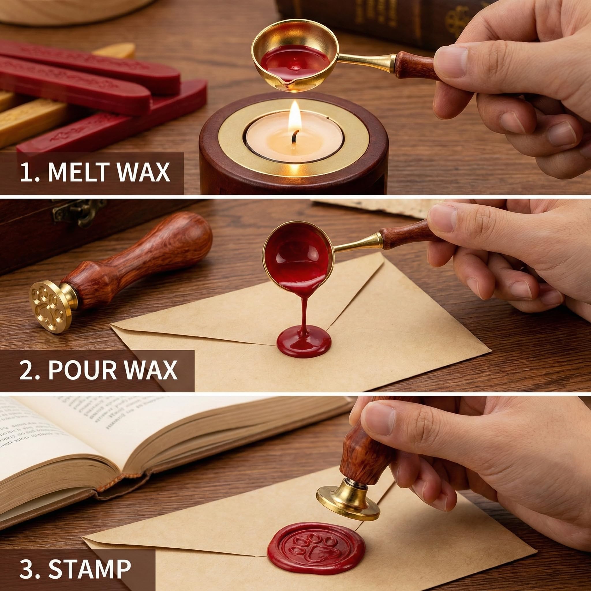 Sello de lacre Vintage con 20 diseños, Incluye Mango de Madera y Cabezales Intercambiables, Ideal para Invitaciones, Cartas y Regalos – Set Completo de lacrado Elegante