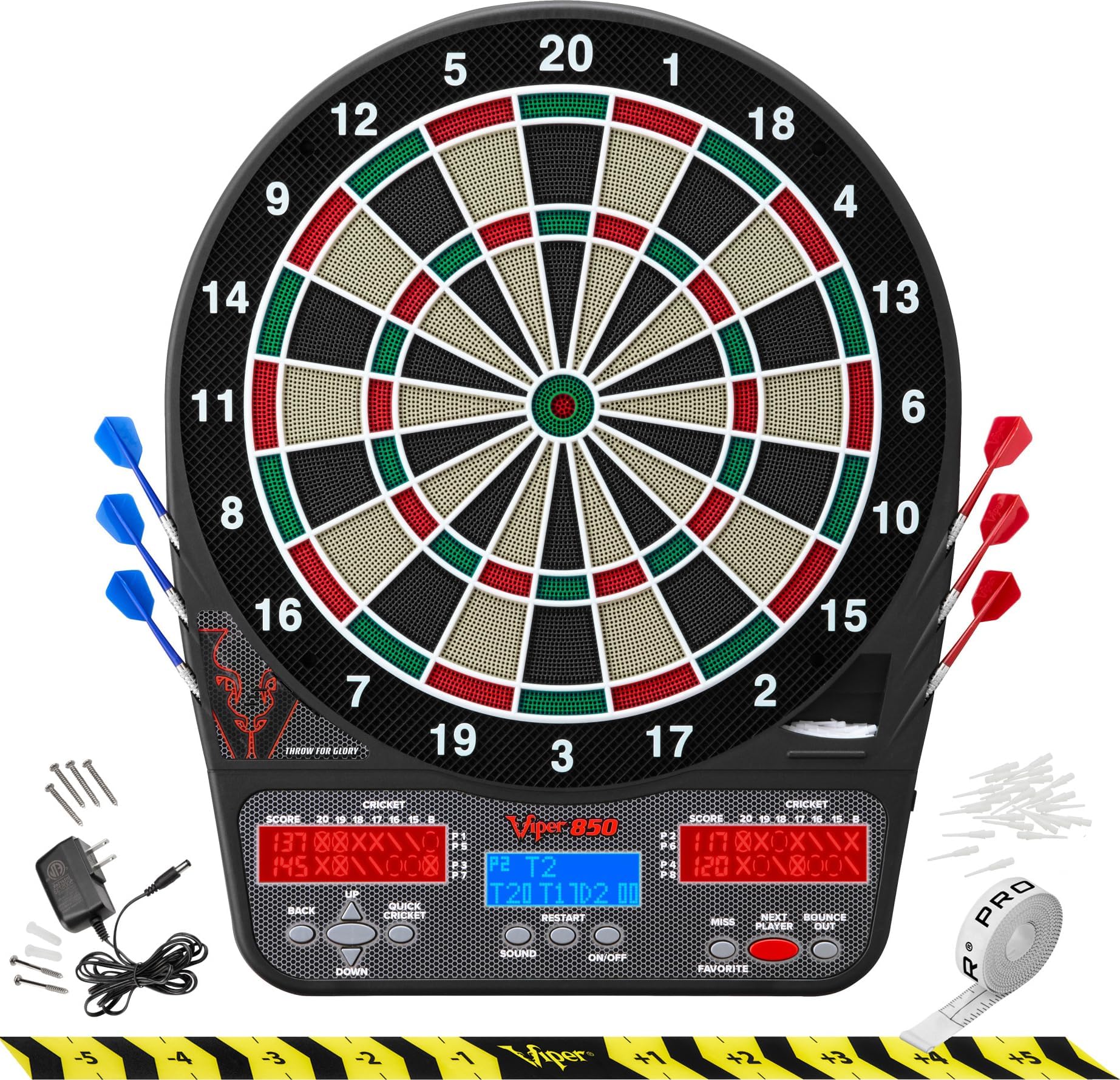 850 Electronic Soft Tip Dartboard, 15.5 in Regulation Target, 50 Games, 6 Darts Included, Black