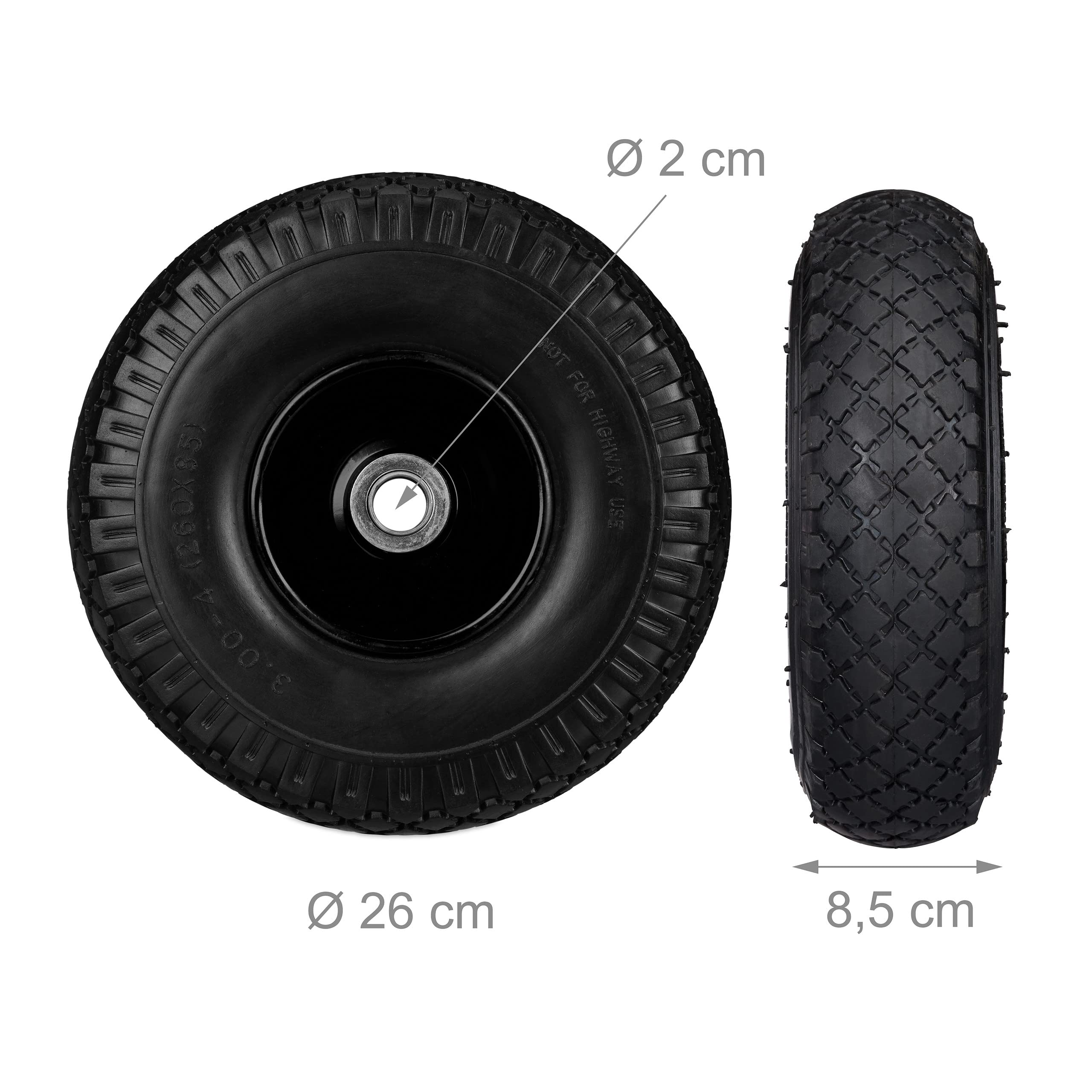 Relaxdays 8 x Sackkarrenrad, pannensichere Vollgummireifen, 3.00-4" Stahlfelge, 20mm Achse, 100kg, Ersatzrad 260 x 85 mm, schwarz