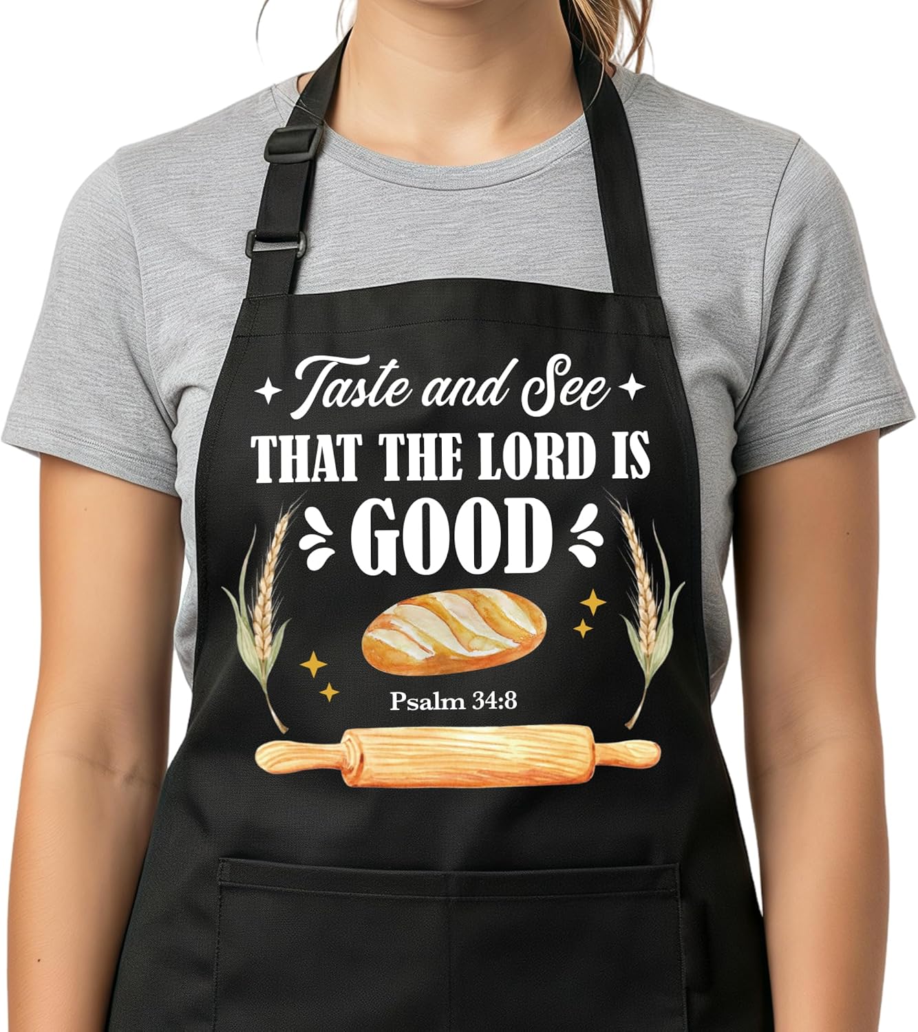 Christian Sourdough Apron for Women Baking,Taste and See The Lord Is Good Psalm 34:8 Apron,Religious Gift Kitchen Apron with Pockets Adjustable for Mom Grandma,Bible Verse Gift for Mother's Day