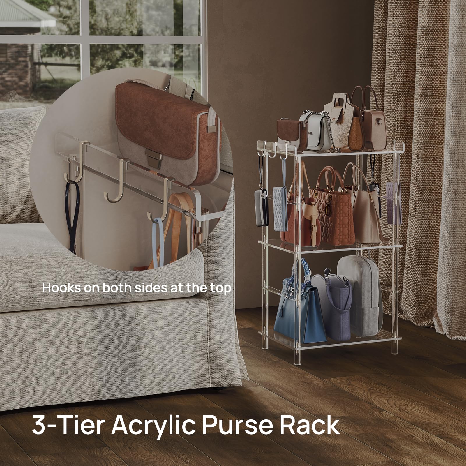 HMYHUM Portamonete a 3 ripiani in acrilico con ganci, organizer trasparente da pavimento per armadio, espositore per borse, per ingresso, camera da letto, soggiorno, facile da montare
