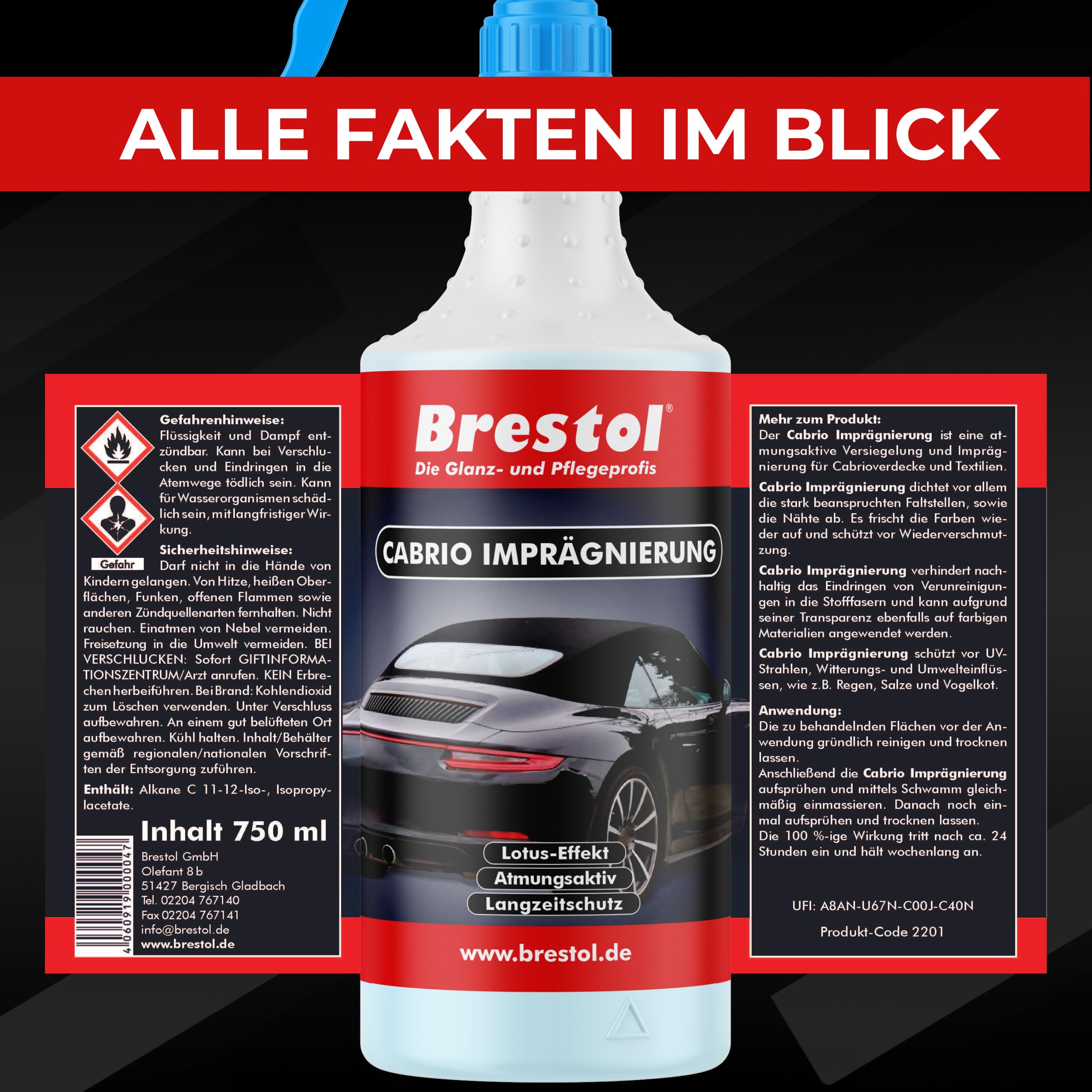 BRESTOL® Cabrio Imprägnierung 2x 750 ml - Schutz gegen Wasser, Schmutz und UV-Strahlen - Verhindert Austrocknung & Rissbildung, Cabrioverdeckimprägnierung, Universalimprägnierung, Polsterimprägnierung