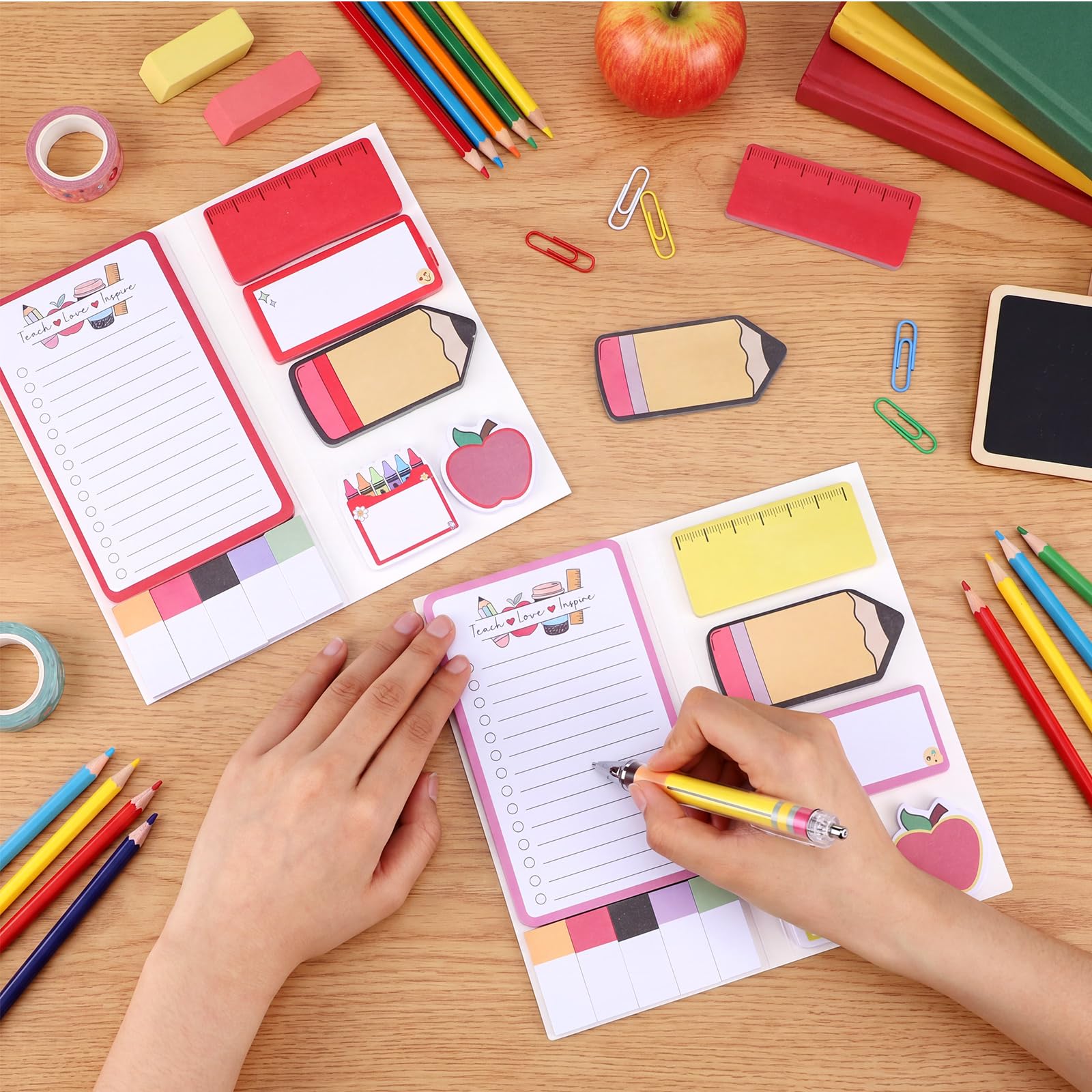Epakh Set di 6 note adesive per insegnanti, per il rientro a scuola, con penna e fiocco, composizione a forma di mela, a forma di matita, note autoadesive per il primo giorno di scuola