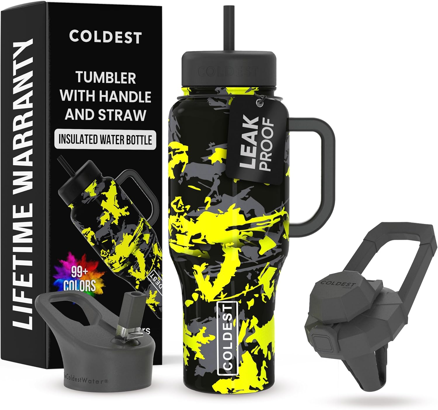 Coldest Tumbler with Handle and Straw - 100% Leak Proof Insulated Tumbler with Lid and Straw (3 Lids) - Stainless Steel Tumblers for Women & Men - Cup Holder Friendly Base, 36 oz (Off Road)