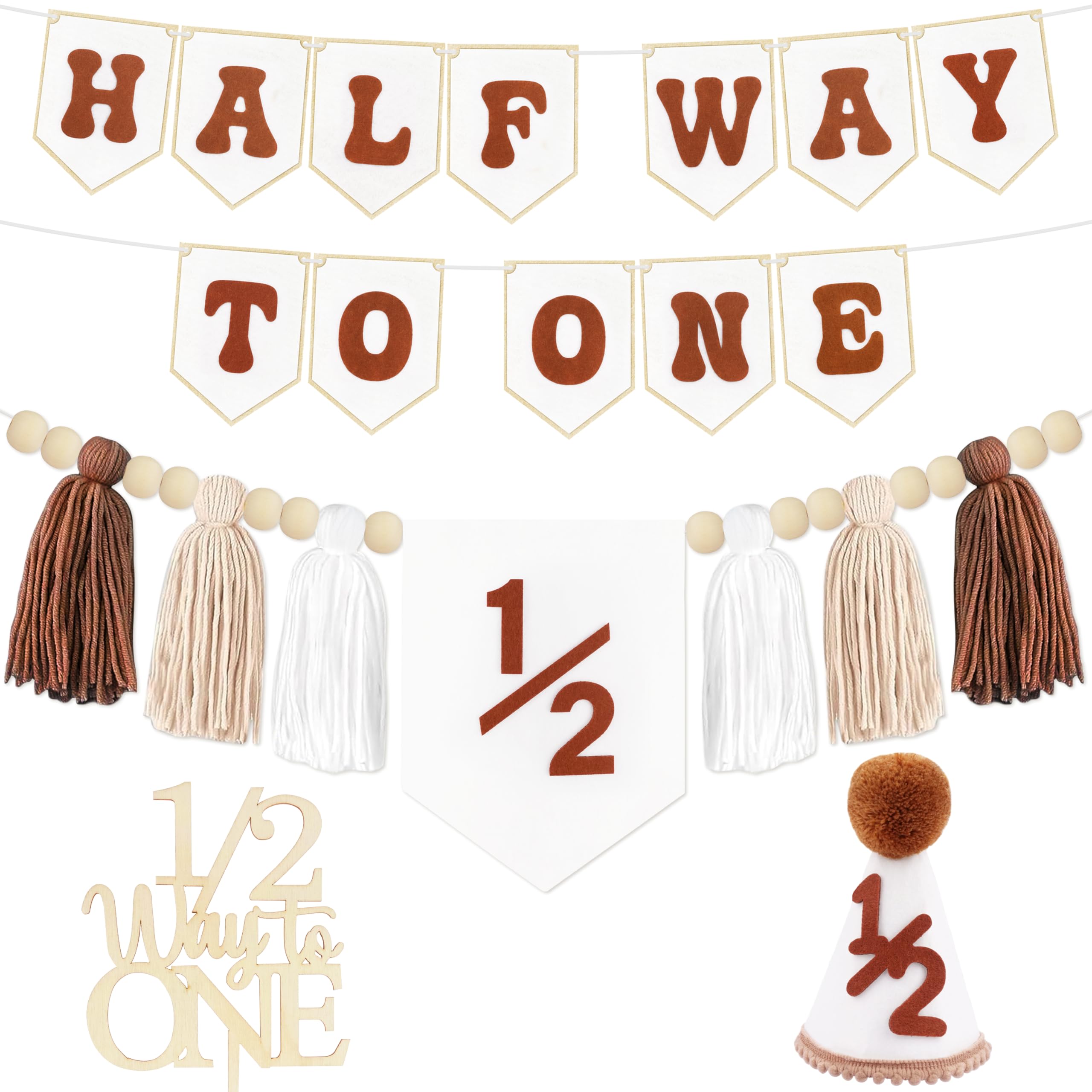View 1 of 1/2 Birthday Brown Half Birthday Decorations - White Brown It's My 1/2 Birth Banner Glitter Cake Topper Tassel Wood Bead High Chair Banner & Cone, Hat Halfway to One Party Supplies