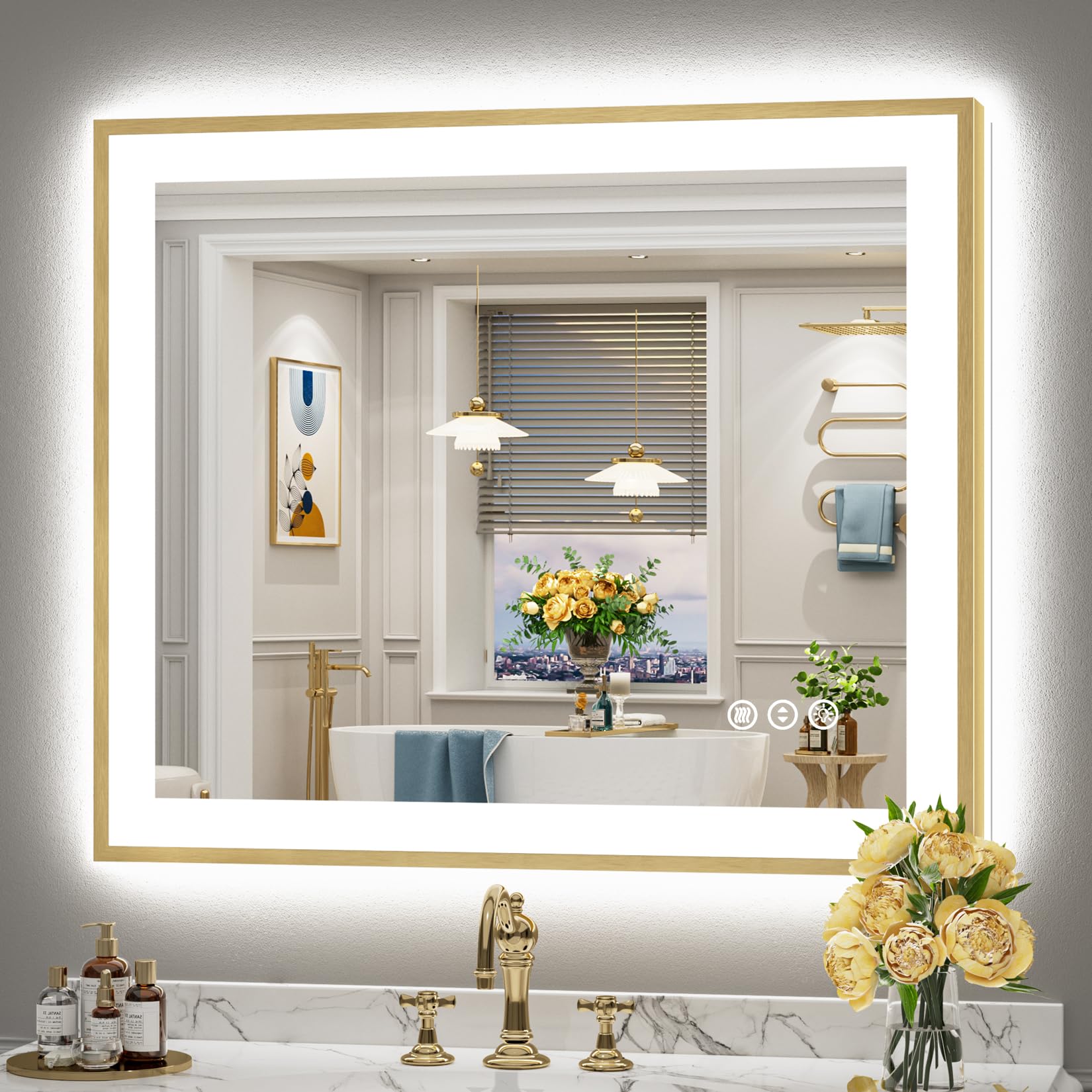 30x36 Gold LED Bathroom Mirror with Lights, Lighted Vanity Mirror