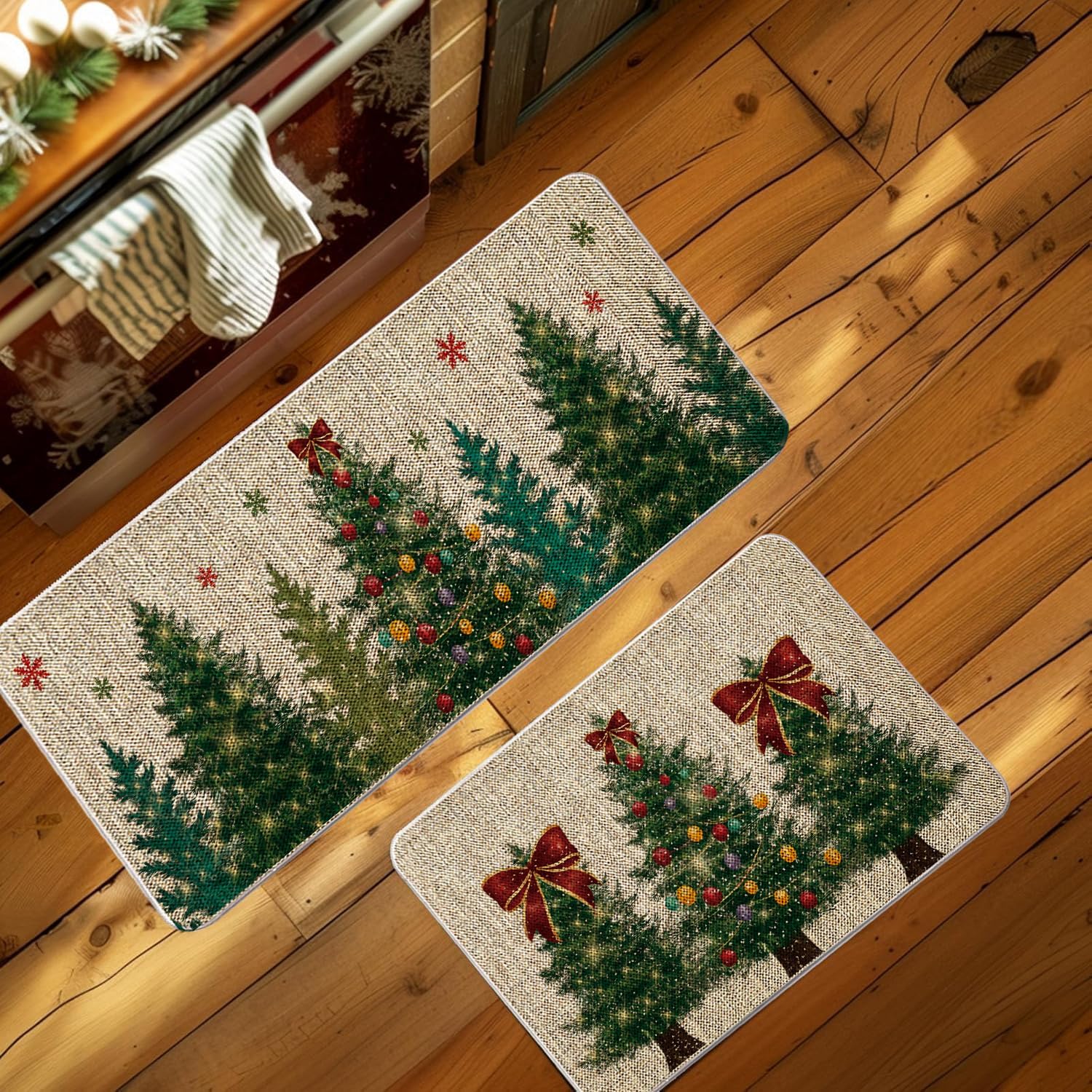 Christmas Tree Kitchen Rugs Set of 2 Christmas Kitchen Mat, Xmas Decorative Farmhouse Floor Mats for Home Kitchen Dining Room Decorations - 17x27 and 17x47 Inch