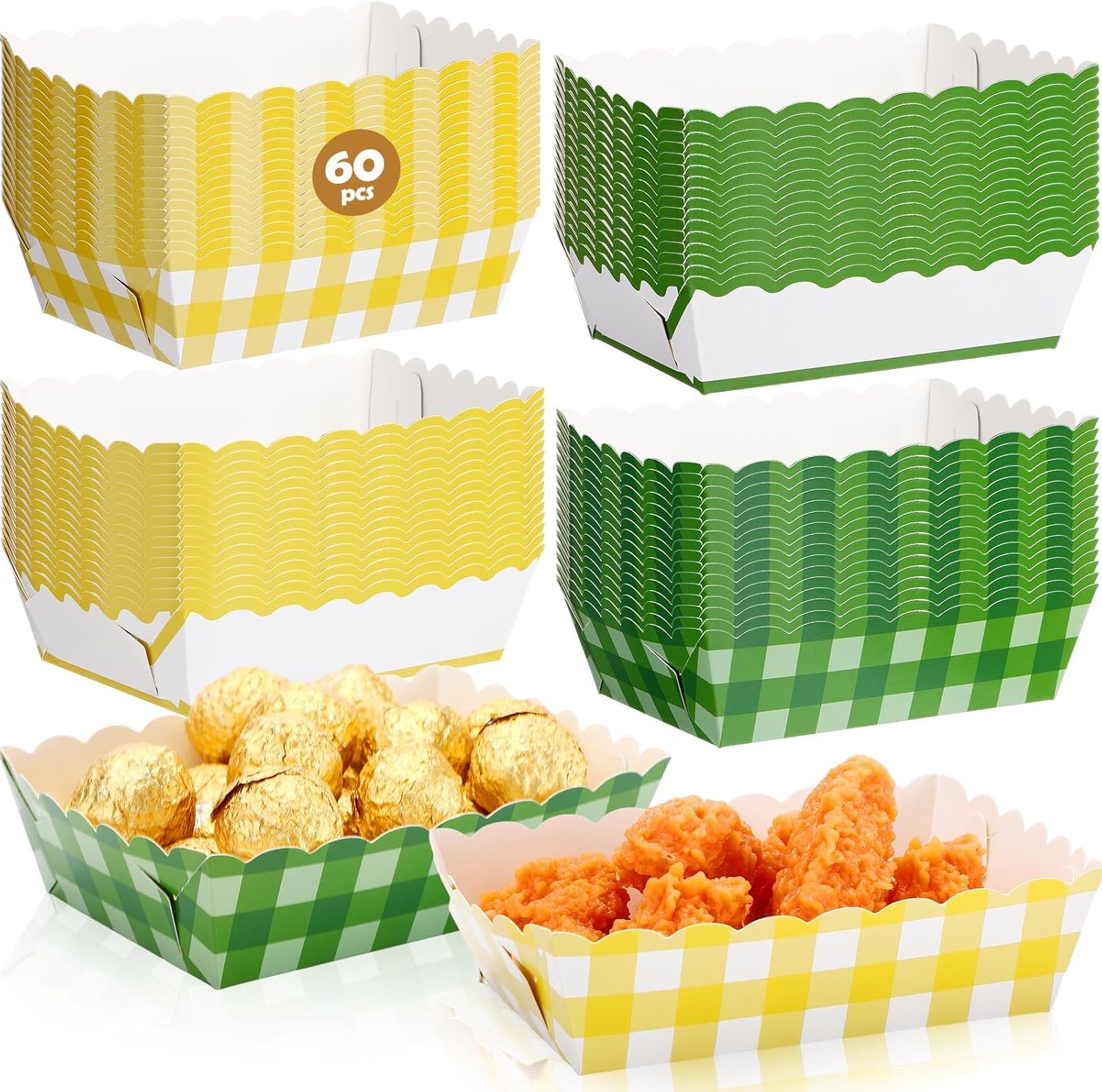 Havawish 60 Pack Gingham Disposable Food Trays, Plaid Scalloped Paper Snack Boats, Disposable Serving Food Boats, Nacho Plates for Party, Wedding, Picnic, BBQ (Yellow and Green)