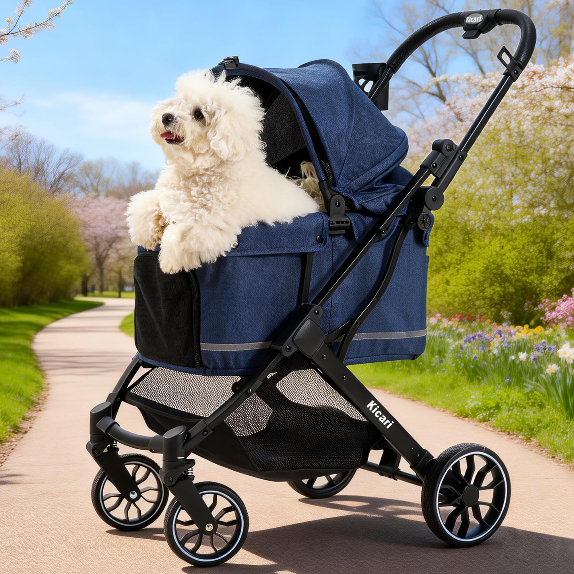 Photo 1 of ***FACTORY SEALED *** Kicari All-Terrain Dog Stroller for Small to Medium Dogs, Pet Stroller for Dogs & Cats Outdoor Walks, One-Hand Easy Fold, Double-Layer Anti-UV & Waterproof Canopy & Breathable Mesh, Midnight Blue