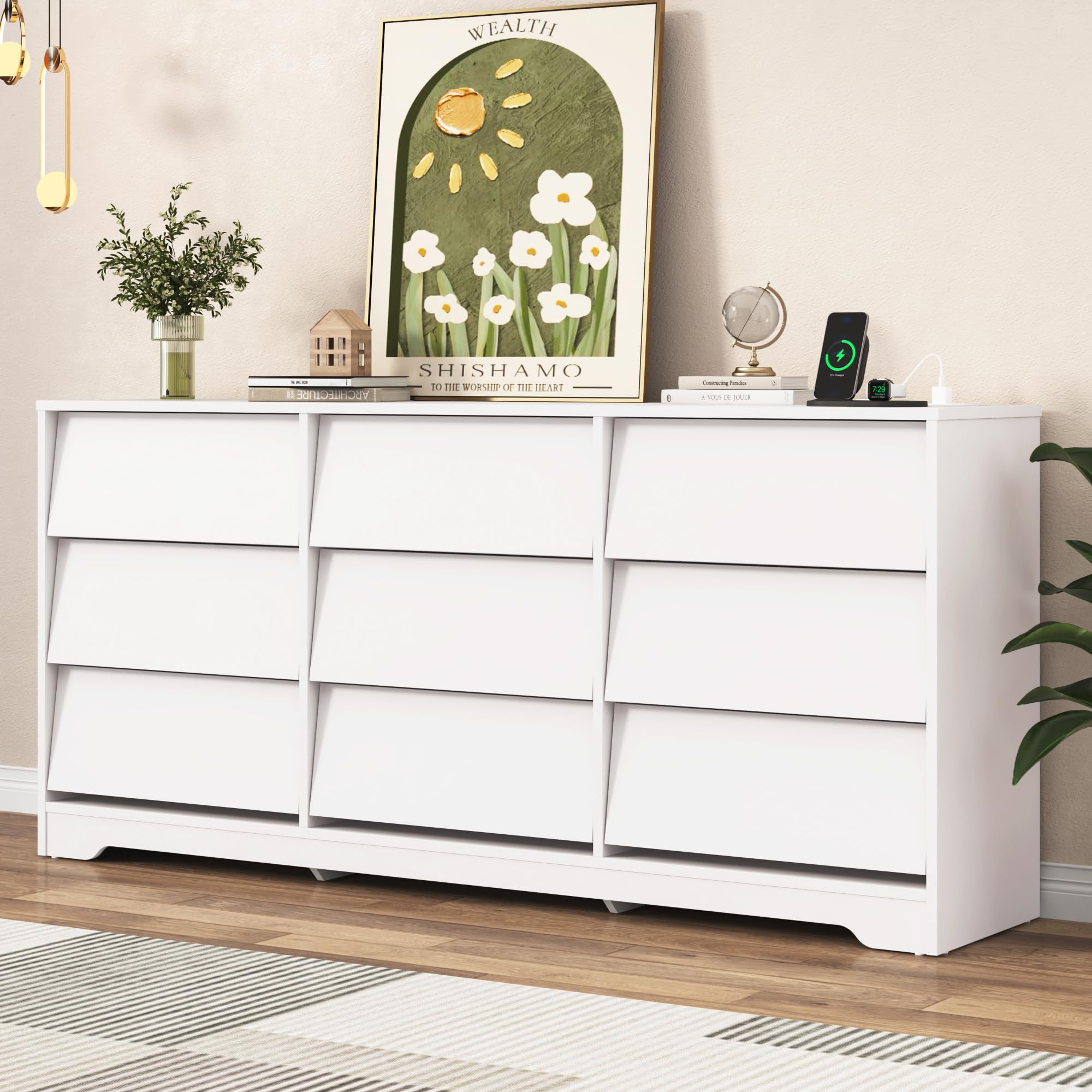 70 Inch Large 9 Drawers Dresser for Bedroom, White Dresser with Power Outlet and Deep Drawers, Wide Chest of Drawers, Modern Minimalist Closet Dressers for Kids Bedroom, Living Room, Nursery