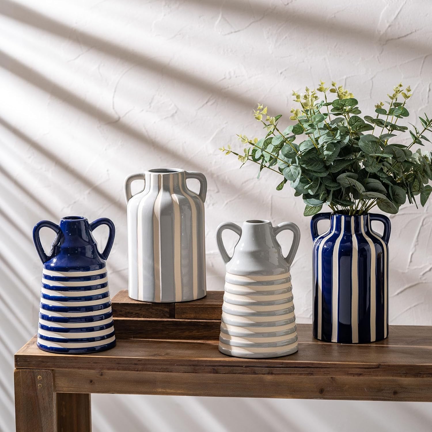 Mother’s Day Ceramic Blue & White Checkered Stripe Vase with Handles 9.1”, Modern Boho Navy Floral Centerpiece Vase, Cottage Core Decor for Mantle, Bedroom