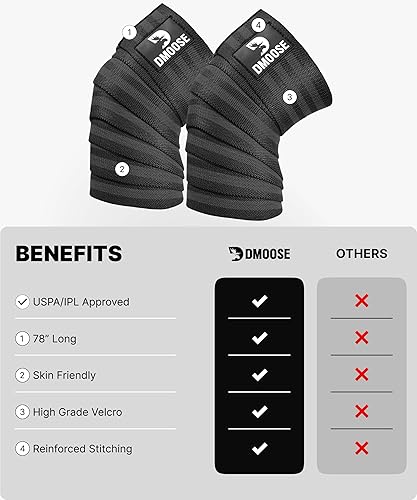 Miniatura 36 de DMoose Fitness Knee Sleeves for Weightlifting (Pair) 78” Knee Wraps for Joint Support, Squats & Powerlifting - Gym Brace Straps for Joint Stability