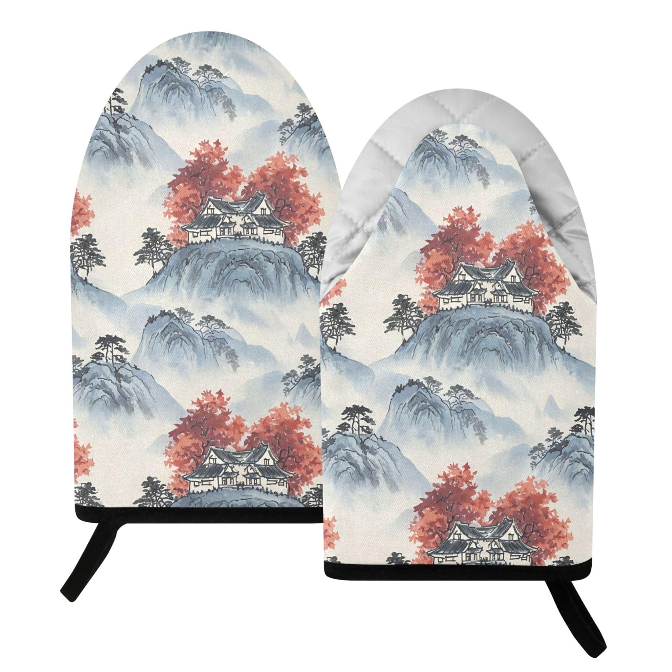 Kutsu Mountain Oven Mitts for Kitchen, Heat Resistant Cotton Oven Gloves for BBQ Baking Cooking, Breathable Kitchen Essentials, 2 pcs