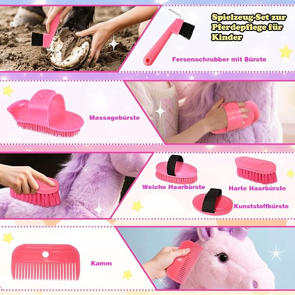 Boite de Pansage Cheval Enfants, 11 Pièces Ensemble de Jouets pour la Maison, Kit de Hobby Horse Accessoire, Kit de Pansage Cheval avec Etrille Cheval pour Cheval Jouet - 3