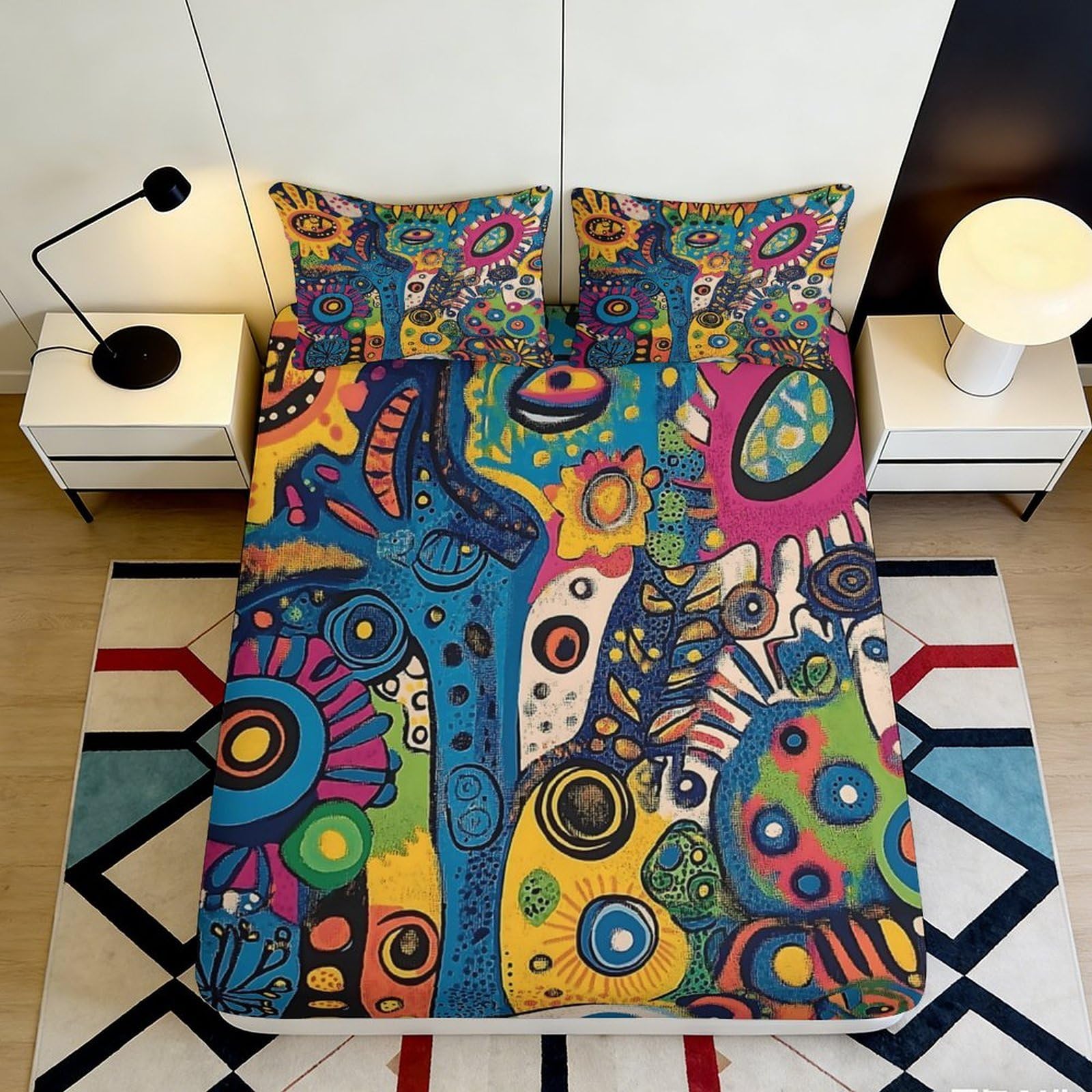 3D Printed Abstract Colorful Fitted Sheet Microfiber Soft Breathable Artistic Bed Cover for Bedroom Dormitory Guest Room Mattress Protection 200x200x25cm