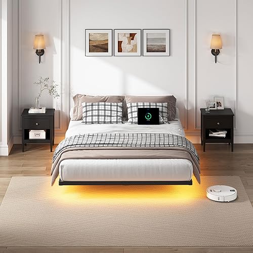 Miniatura 9 de Marco de cama flotante tamaño completo, marco de cama resistente con luces LED inteligentes y estación de carga, cama moderna de plataforma de