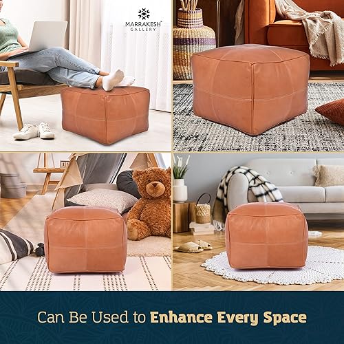 Miniatura 7 de Funda de puf marroquí, otomana redonda y grande de piel, decoración bohemia para sala de estar, reposapies, sin relleno