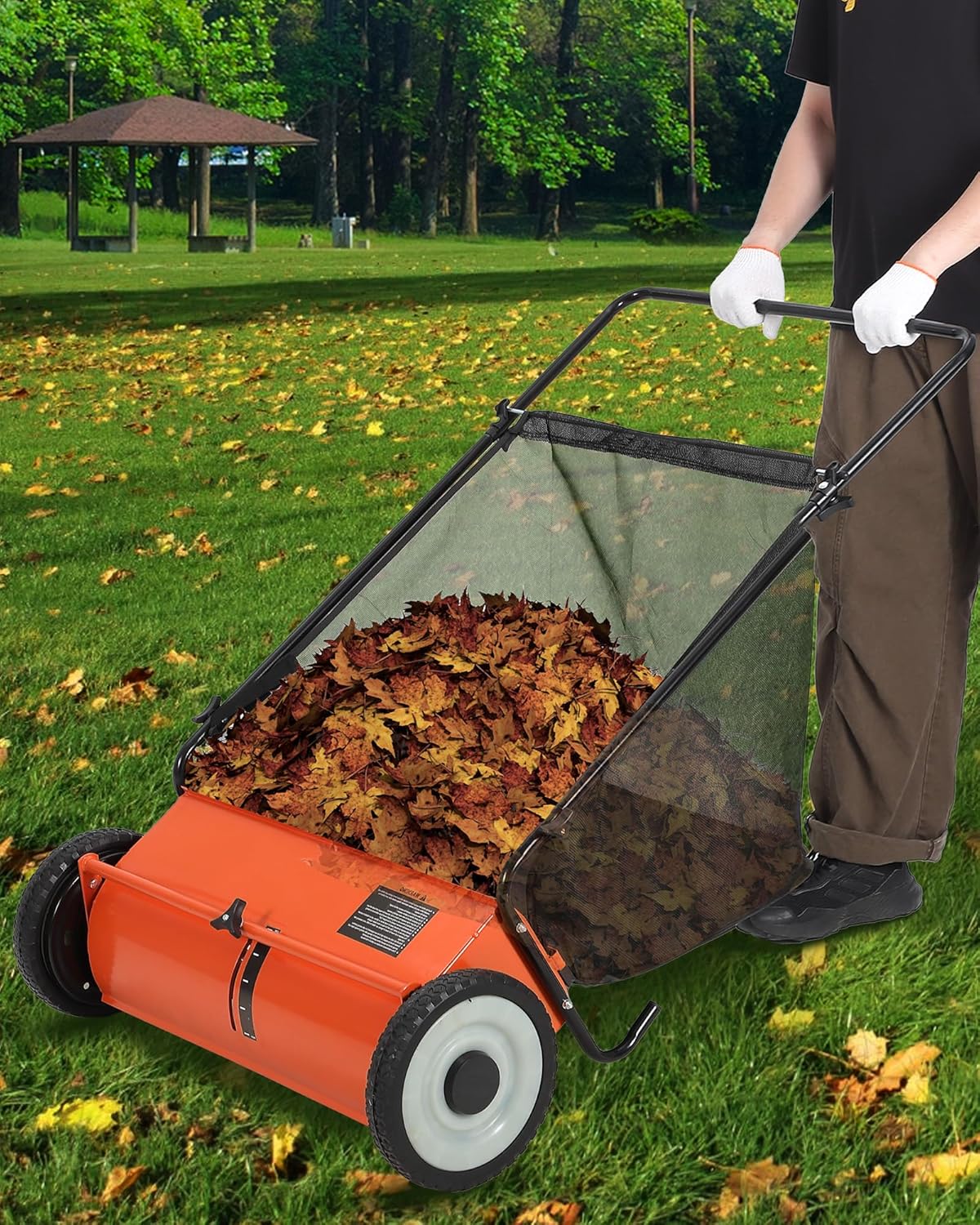 Garvee 26 in Push Lawn Sweeper, 7 Cu. Ft. Hopper Capacity Grass Sweeper, Manual Push Yard Sweeper with Height Adjustment & 4 Fast Spinning Brushes for Grass Clippings, Leaves & Debris, Orange