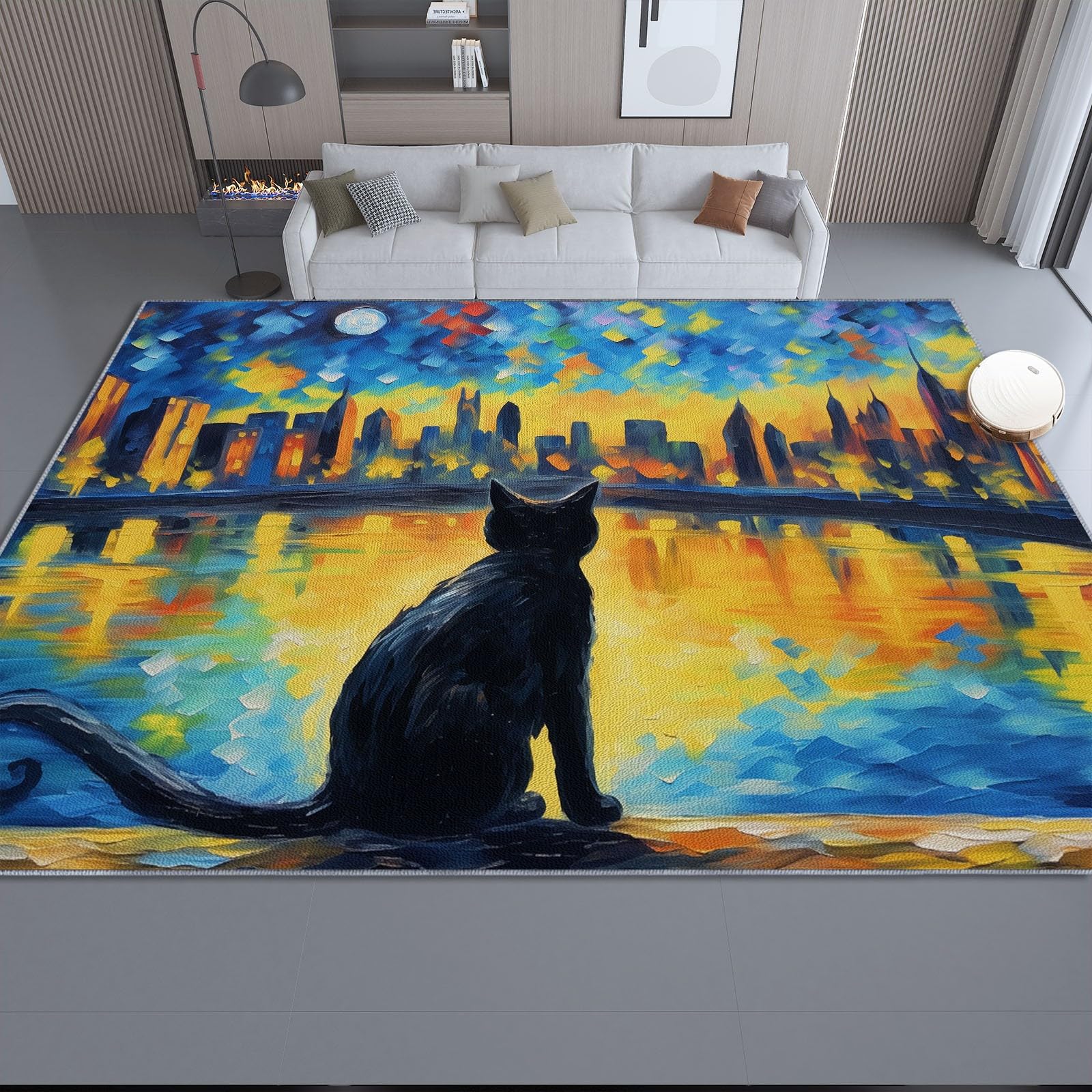 Tapis de salon bleu et jaune motif chat pour décoration de chambre moderne