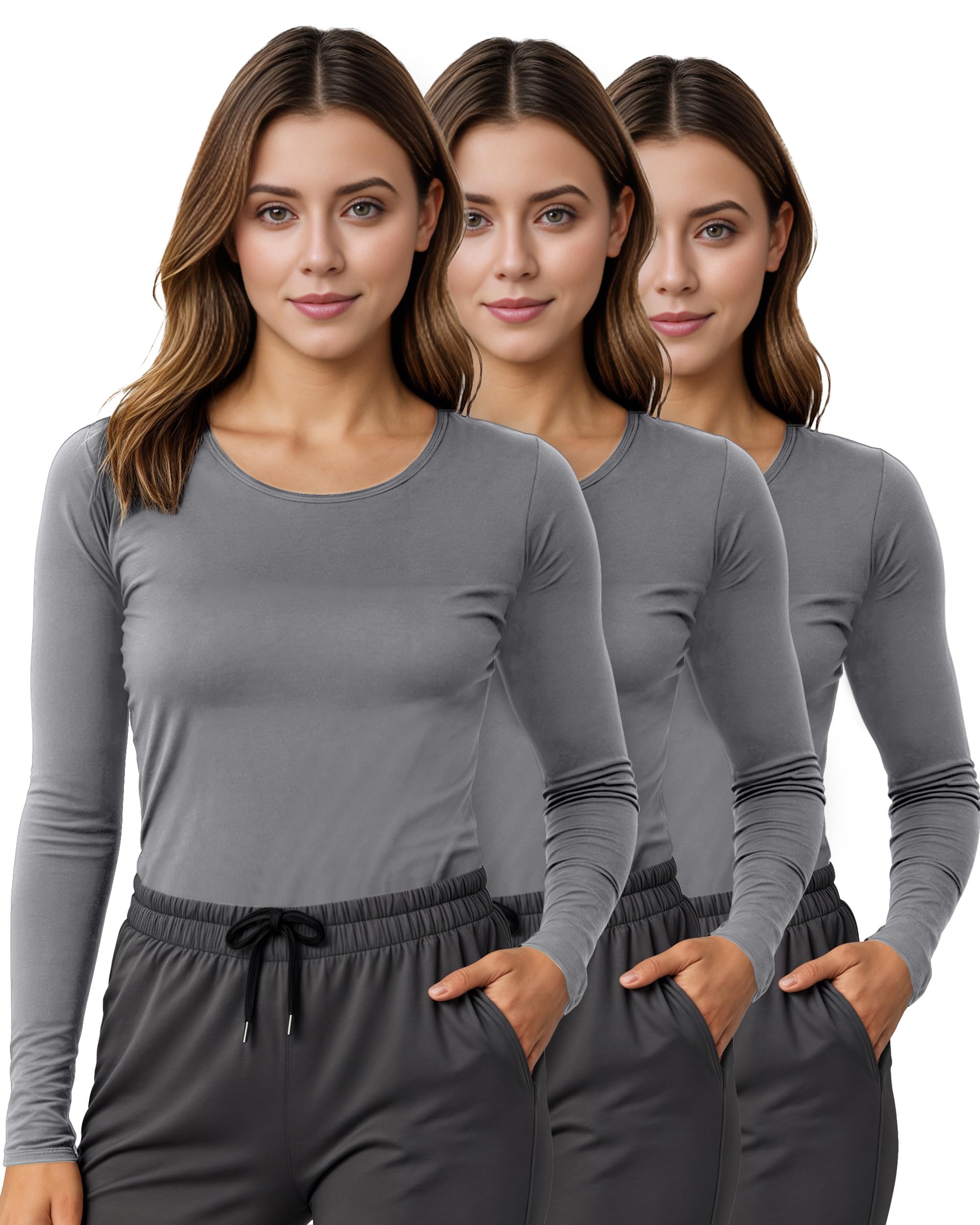 NY Threads 3 Pack Nurse Underscrub Long Sleeve Women Slim fit Under Scrub Shirt, Medium,Dark Grey/Dark Grey/Dark Grey