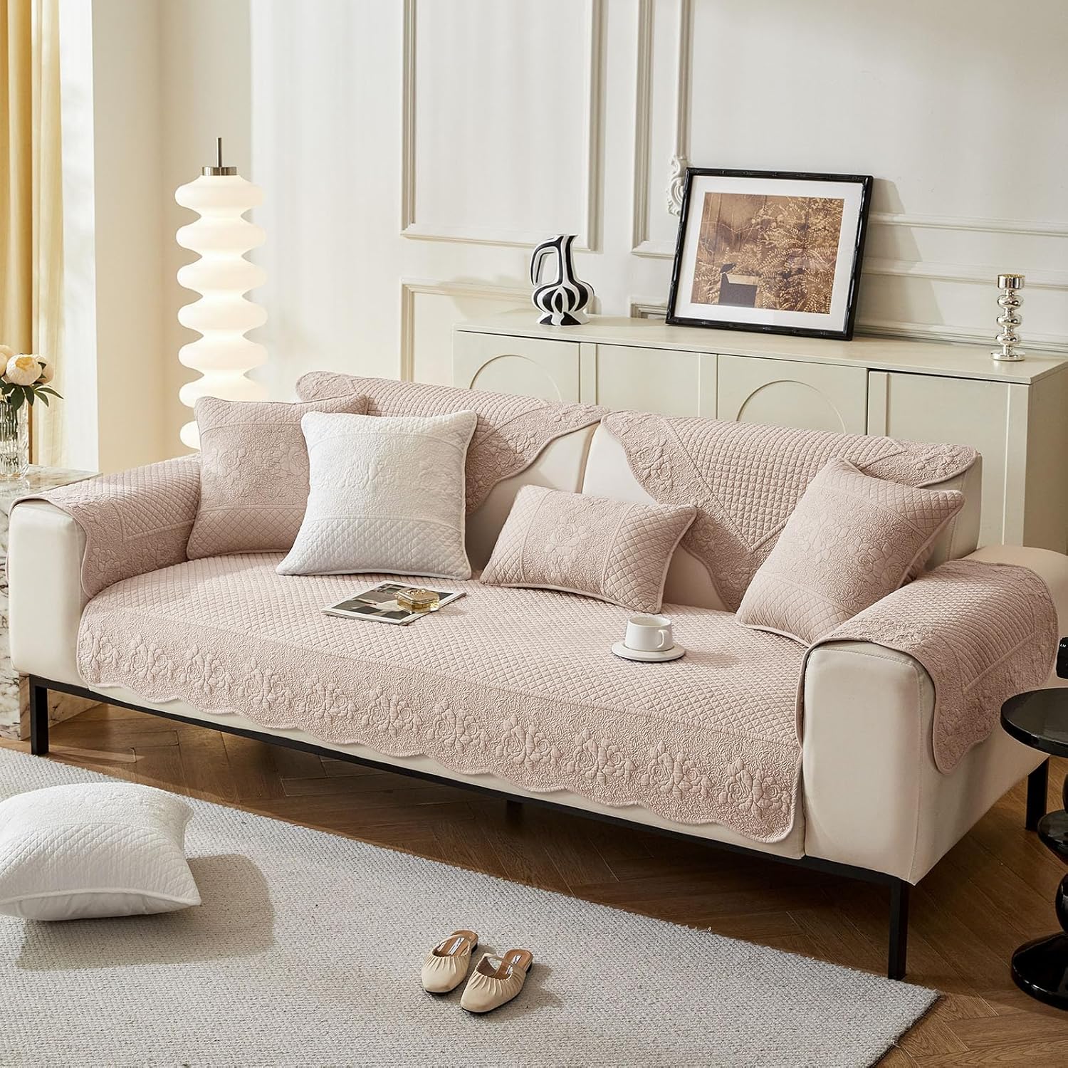 vctops Cotton Dog Couch Covers for Sofa, Embroidery Scalloped Couch Cover for Sectional Sofa, Non Slip Sofa Cover Washable Pet Friendly Modern Farmhouse Decor (Khaki,36"x82")