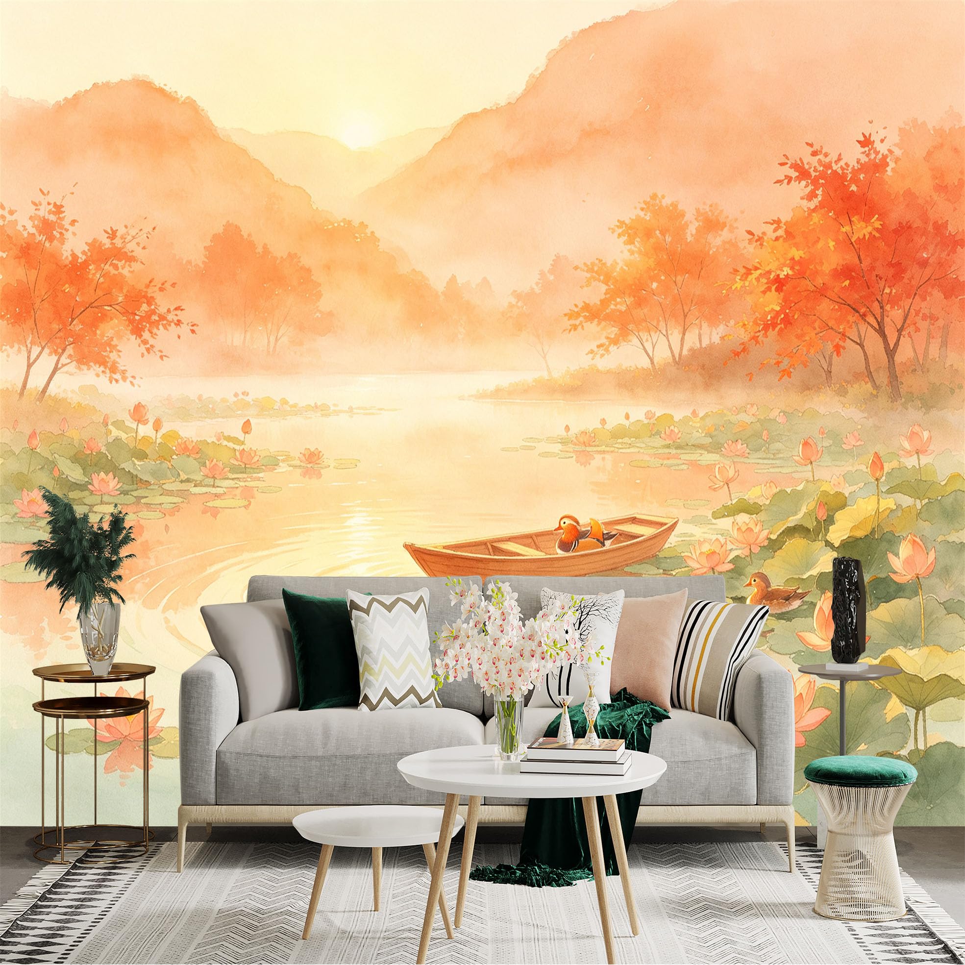 Custom Size Wall Sticker Mural， Sunset Over Calm Lake with Lotus Flowers， Rowing Boat and Mandarin Ducks， for wall Decoration， peelandstick wall Decals.