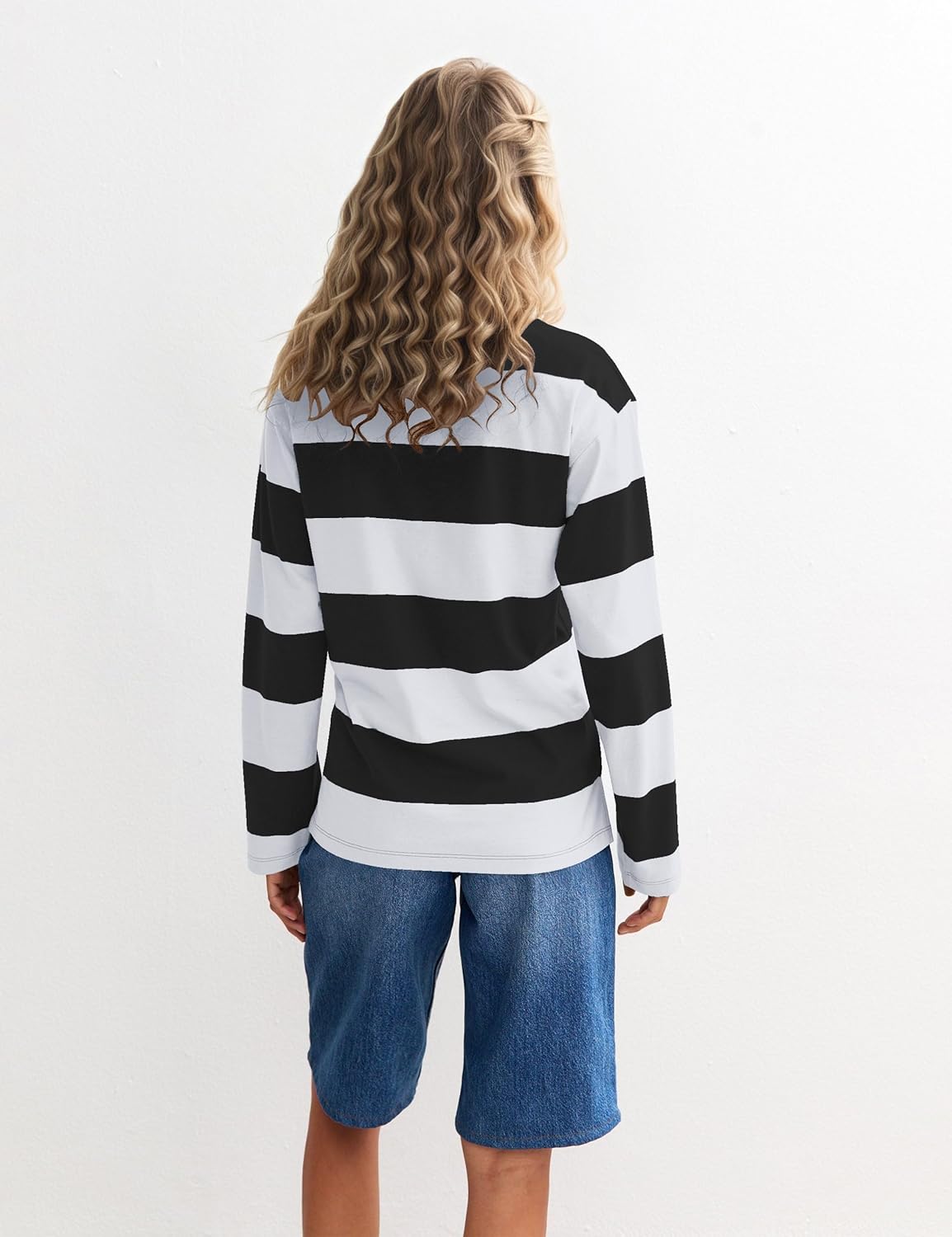 MISSACTIVER Womens Striped Polo Long Sleeve Shirts Color Block Lapel V Neck Workout Tops Fall Loose Rugby Tshirts Blouse - Image 3