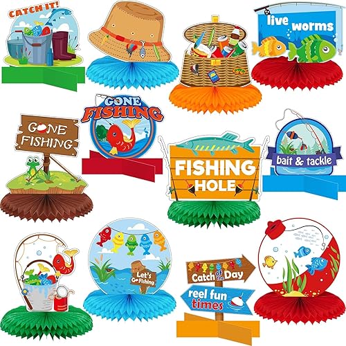 Zonon 12 piezas de decoraciones de fiesta de pesca que se han ido a pescar, decoraciones de fiesta, mesa de nido de abeja, suministros de pescador,