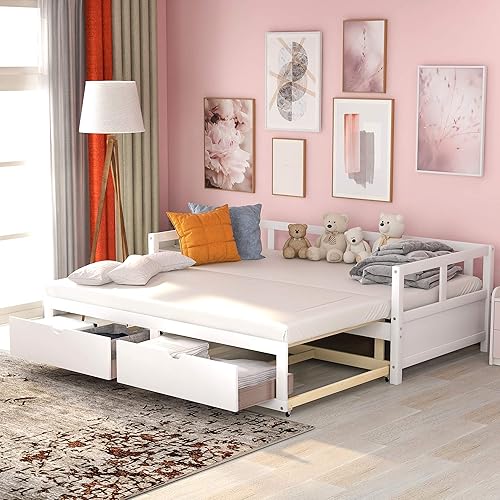 Twin Daybed with Trundle and Two Storage Drawers, Wooden Extendable Bed Daybed Sofa Bed for Bedroom Living Room, White