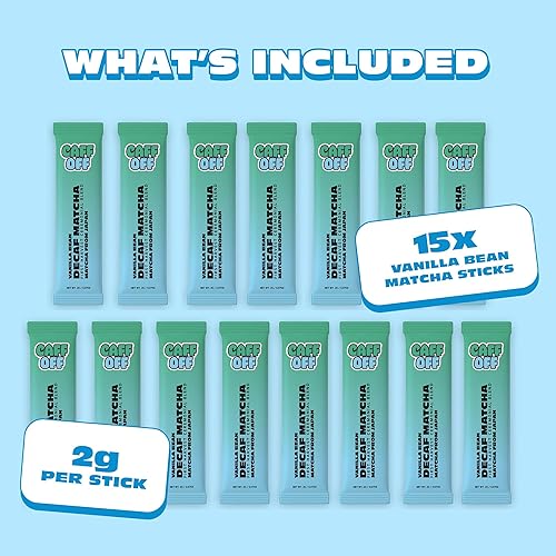 Miniatura 3 de Caff Off Polvo de té verde matcha de vainilla descafeinado de Japón  15 barras (0.07 oz cada uno  1.06 oz en total)  grado ceremonial y sin azúcar