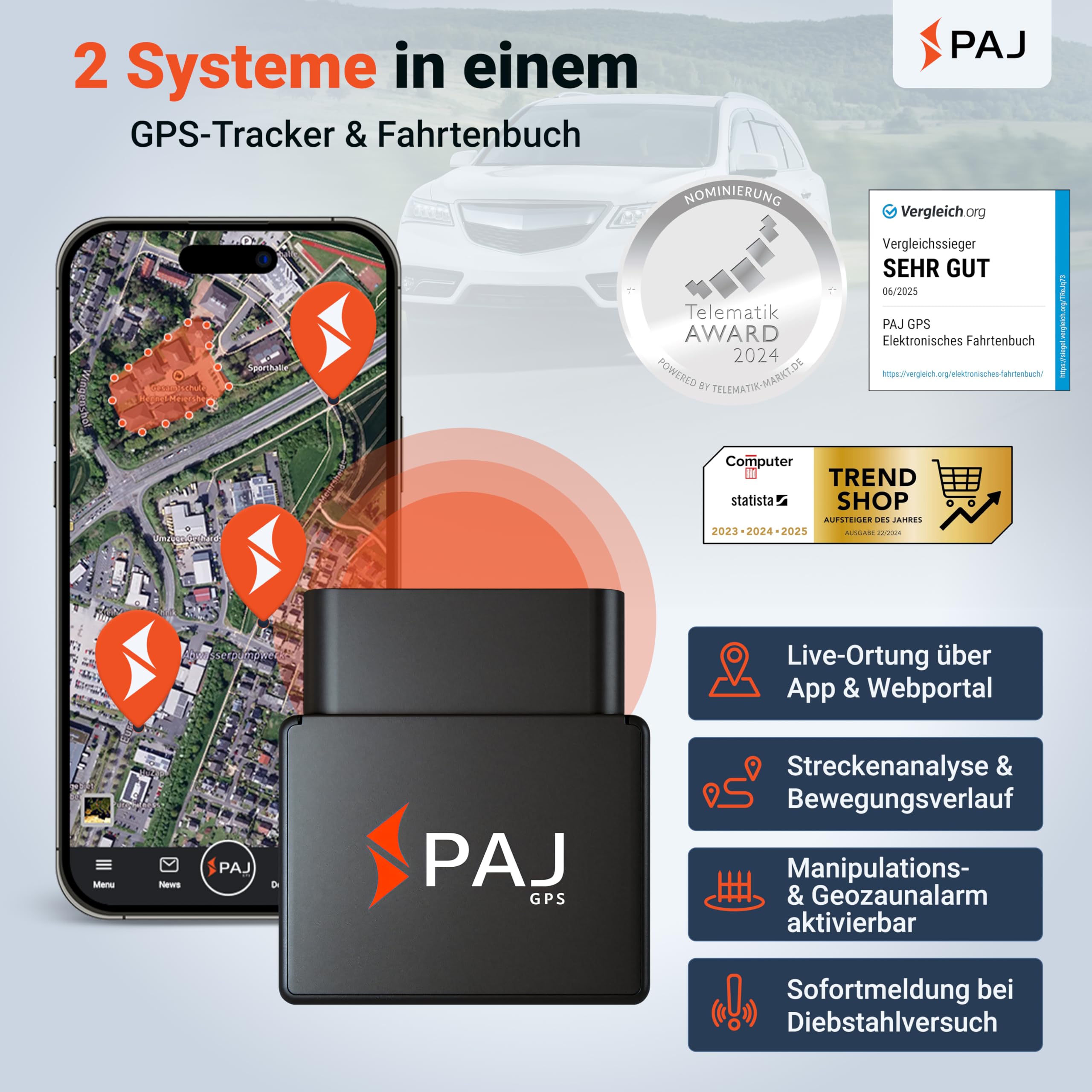 PAJ GPS elektronisches Fahrtenbuch, finanzamtkonform, lückenlos & manipulationssicher, OBD2 Stecker, automatische GPS Aufzeichnung, Global SIM Karte, Auto, LKW UVM