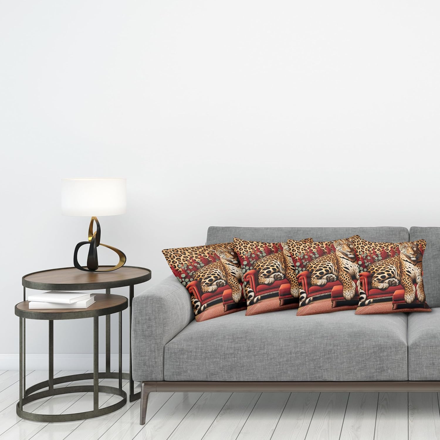 Ambesonne Leopard Throw Pillow Cushion Case Pack of 4, Bold and Wild Cat Lying Down in Sectional Sofa Front of Animal Print, Modern Accent Double-Sided Digital Printing, 16", Red Apricot Dark Salmon