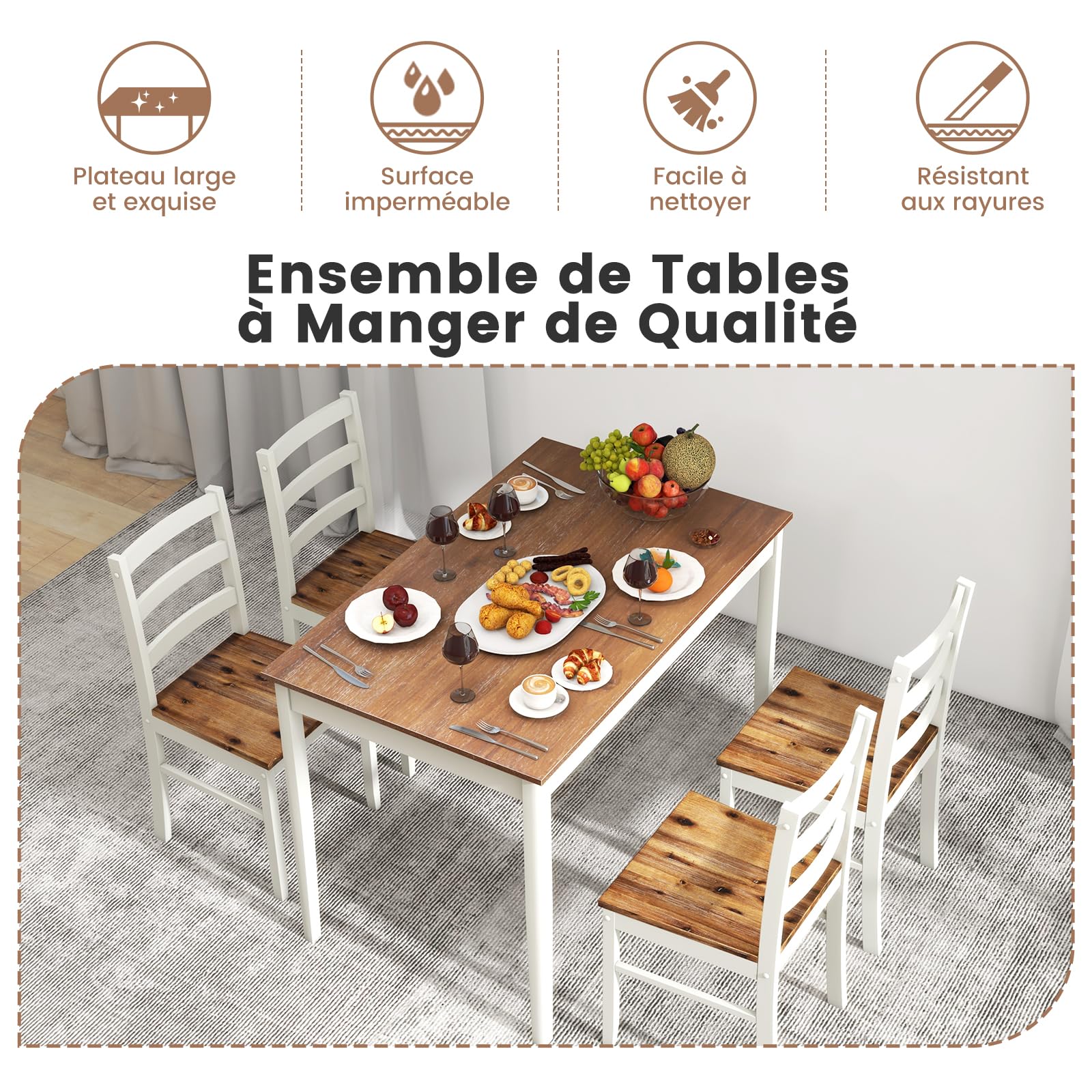 RELAX4LIFE Table à Manger avec 4 Chaises Rétro, Grain Bois, Pieds Robustes