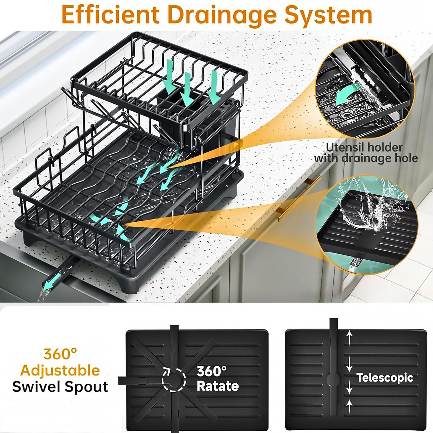 Escurridor de platos de 2 niveles con soporte para cubiertos, bandeja de goteo y salida de agua de 360°, ahorra espacio para platos y tazas de cocina (negro)