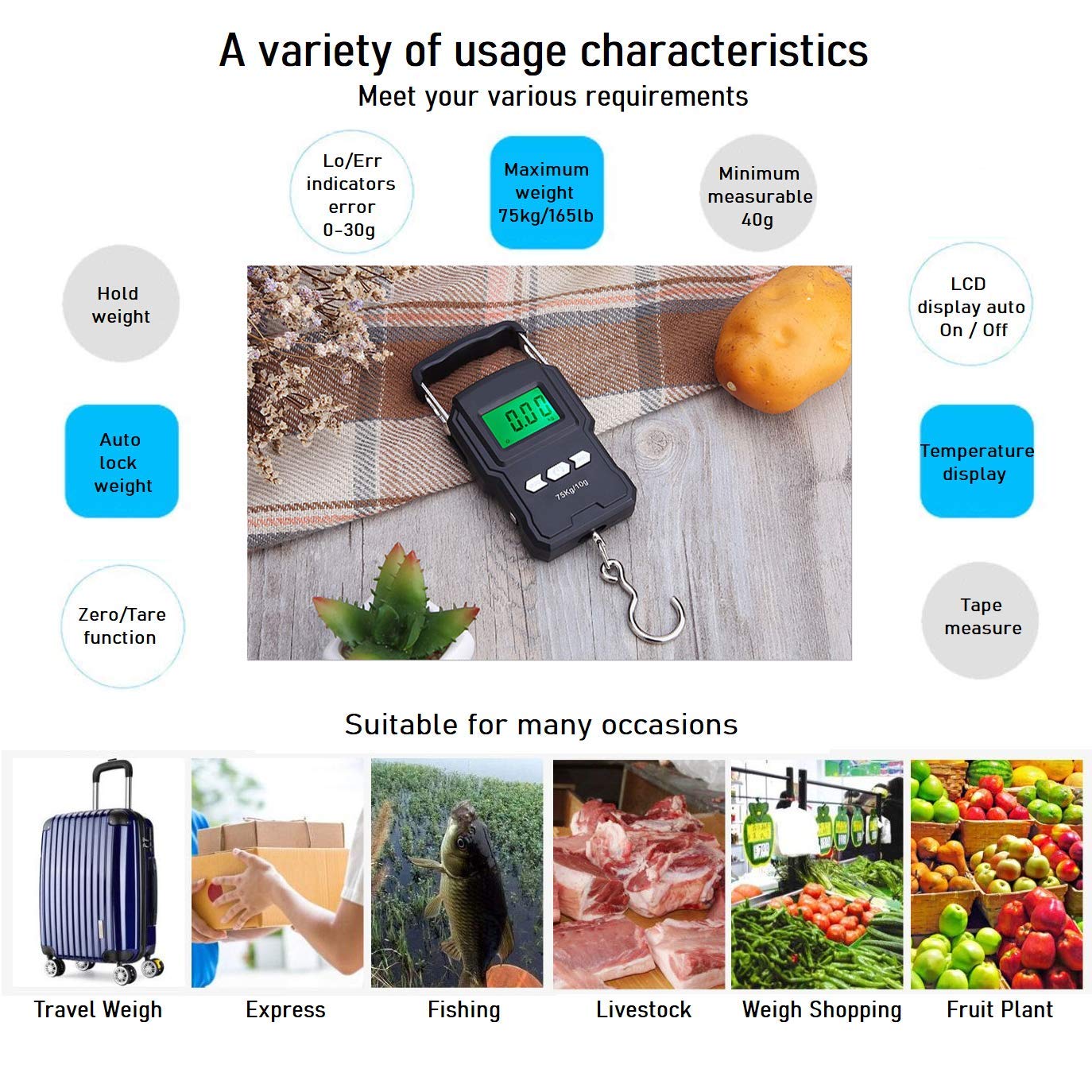 Brifit Pesca Digitale, Bilancia Elettronica per Bagagli Max 55 kg con Metro a Nastro, Digitale Bilancia da Valigia, Bilancia da Sospensione Impermeabile IPX4 con Display LCD Retroilluminato