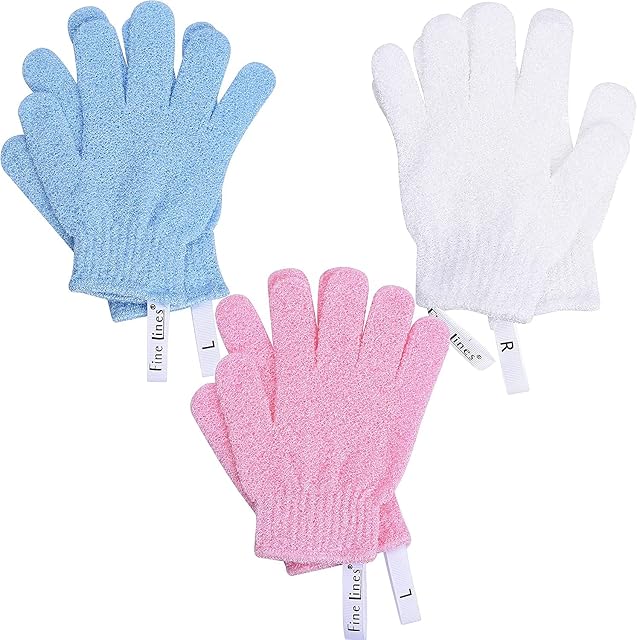 Exfoliating Shower Gloves with Hanging Hoops Labelled Left & Right Prevents Bacteria Spreading Protected Design by Fine Lines