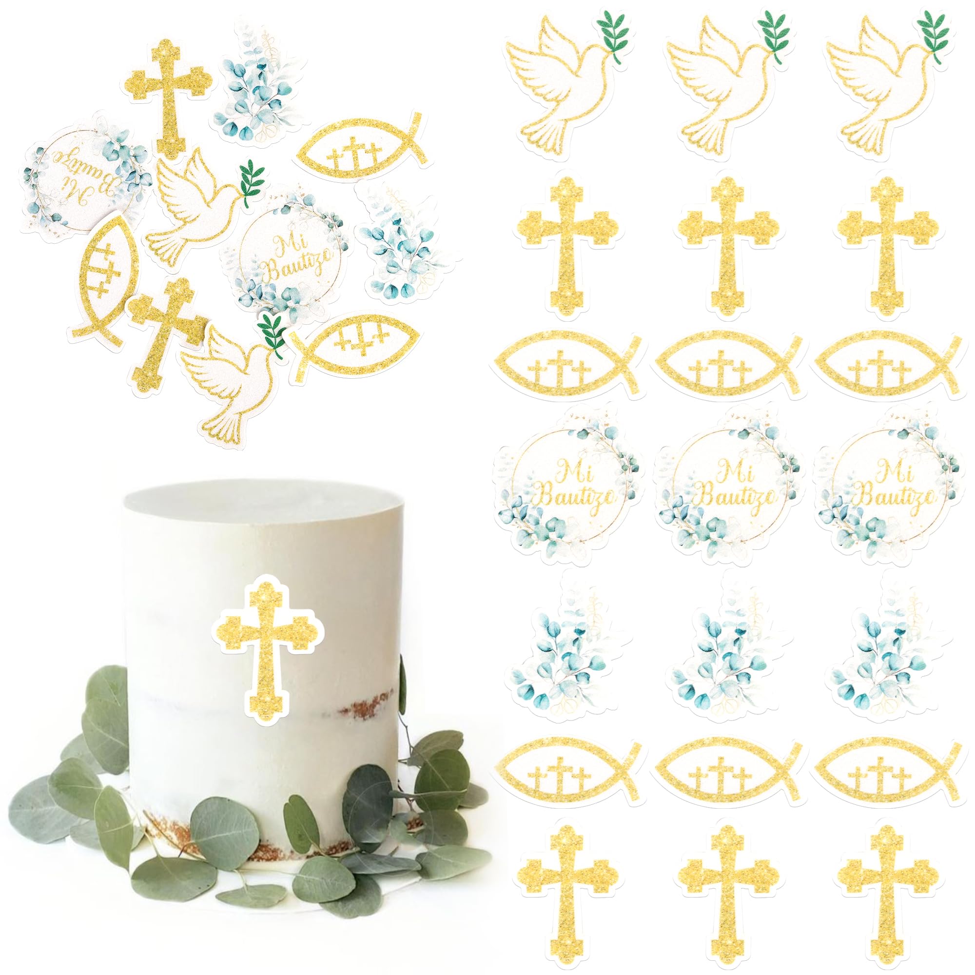 60 Pack Edible Cross Cake Toppers Glitter Wafer Paper Dove Cross Christening First Communion Cake Picks Religious Baptism Cake Decorations for Religious Theme Party Baby Shower Birthday Party Supplies