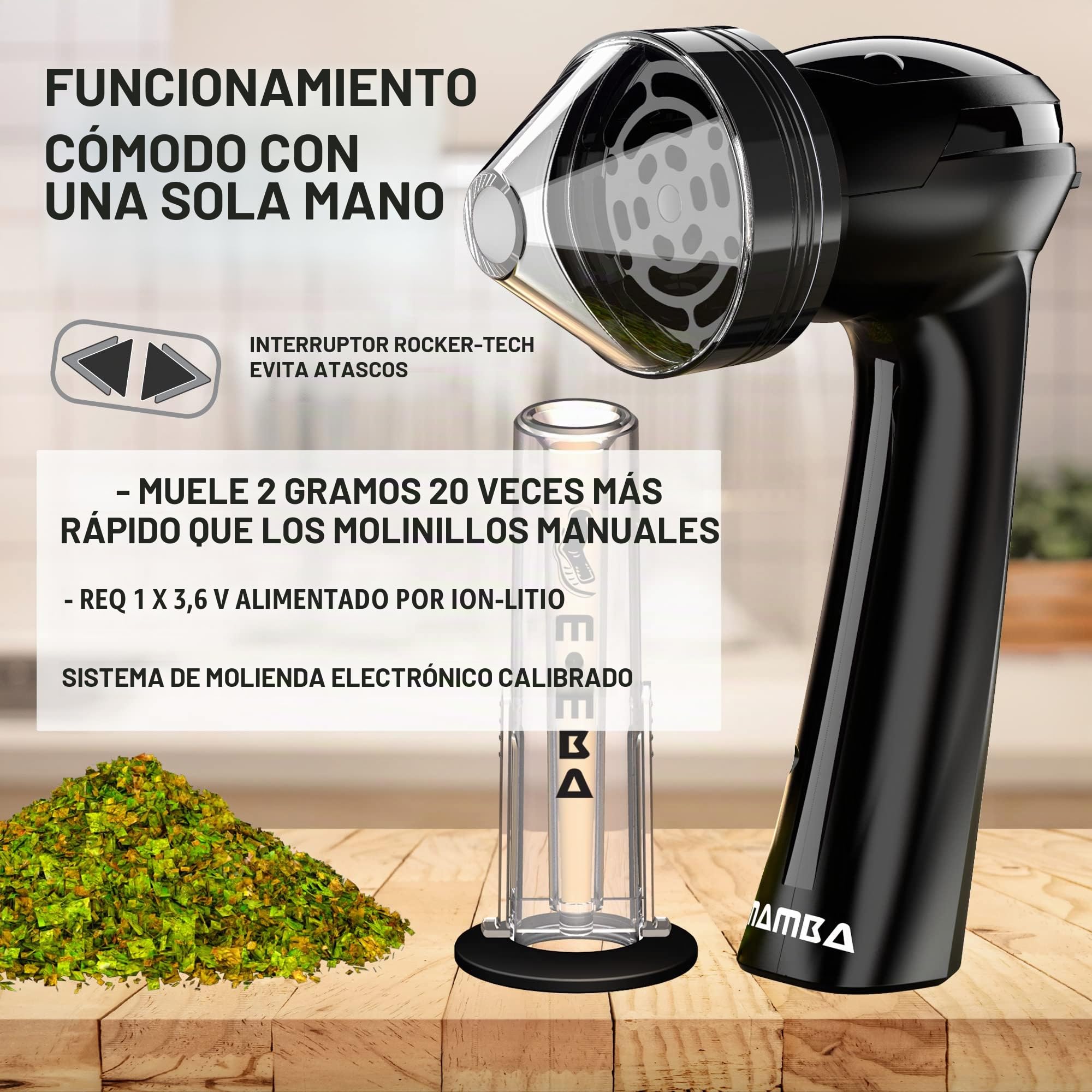 Molinillo de Hierbas Eléctrico Mamba Loader XL V2-55, USB Recargable Automático con Molienda Rápida y Cabeza de Aleación de Aluminio, incluye Sistema de Contención de Hierbas y Especias (Negro)