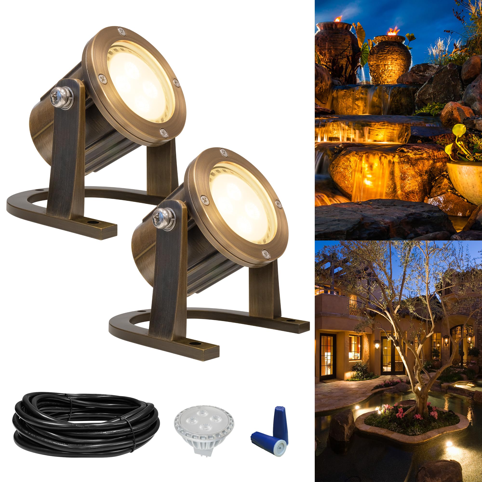 GKOLED Solid Brass Underwater Light, Low Voltage LED Pond Lights, Submersible Fountain Lighting with 5W 2700K 410LM MR16 Bulb, 9-15V AC/DC Outdoor