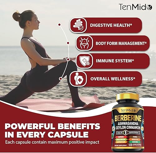Miniatura 4 de Suplemento de berberina  Fórmula 10 en 1 con Ashwagandha, canela de Ceilán, cúrcuma, Panax Ginseng, olmo resbaladizo, hinojo, té verde y más