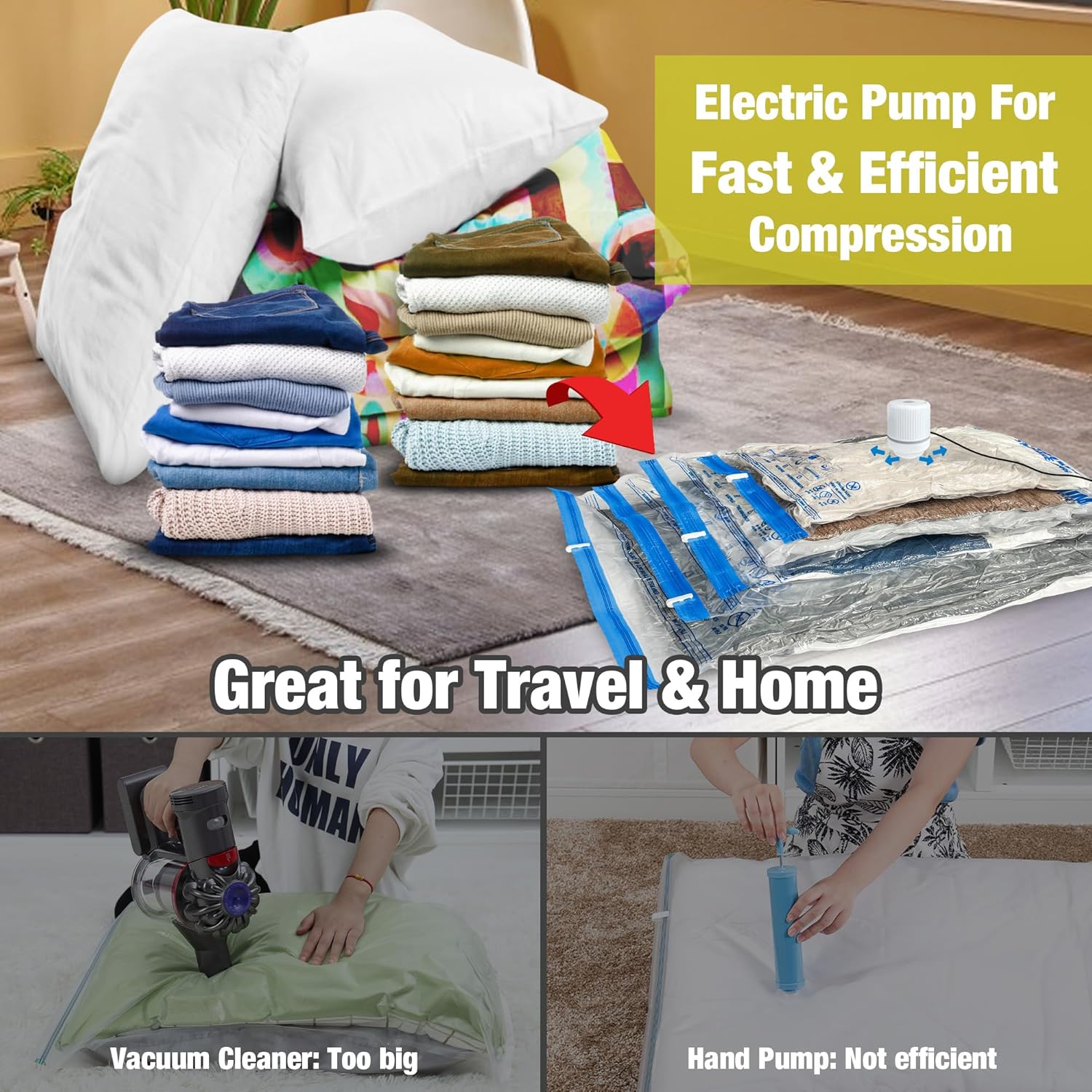 HIBAG Vacuum Storage Bags with Electric Pump, Vacuum Seal Bags for Clothing, Pillows, Blanket Bedding Comforters, 10 pack Large