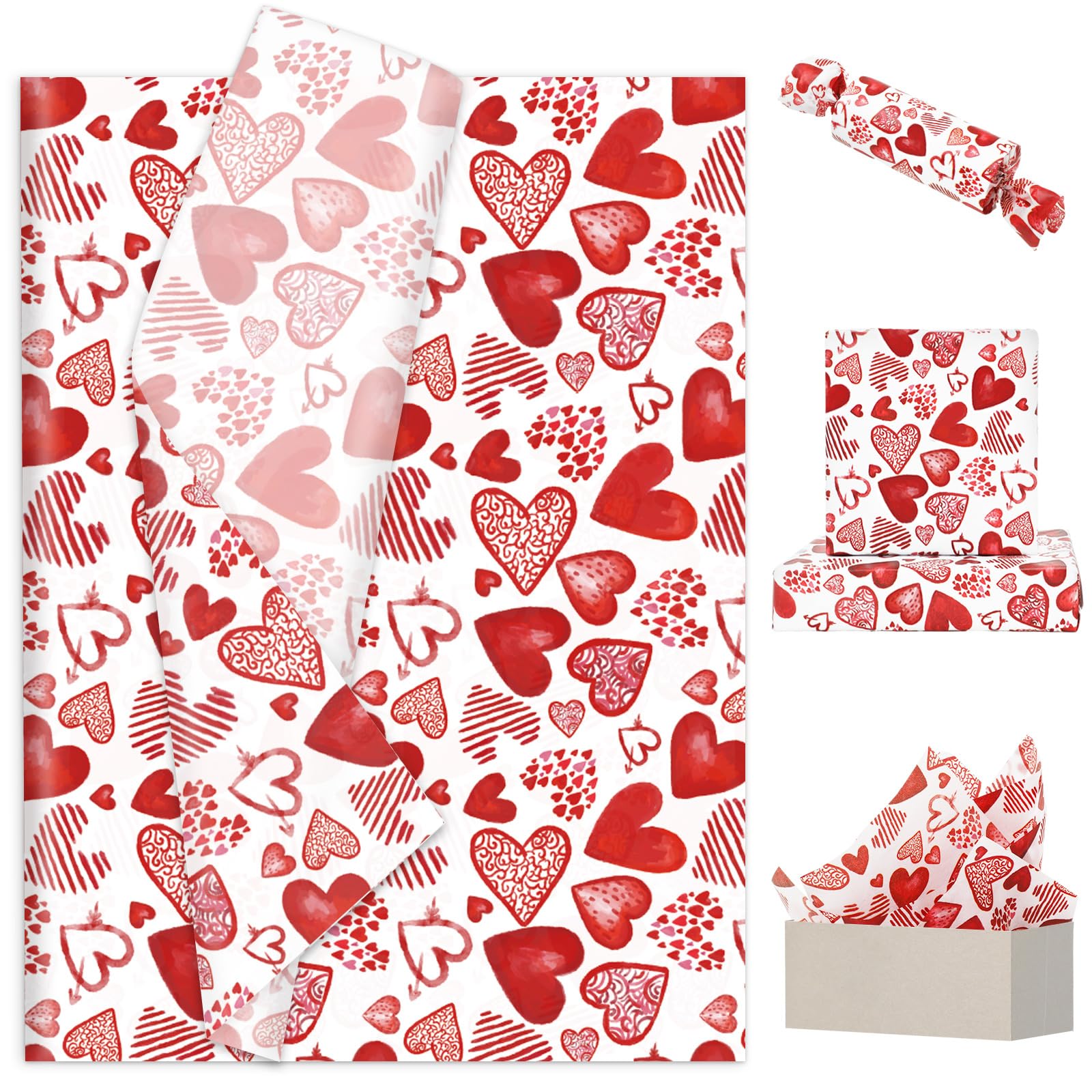 JarThenaAMCS 100 Blatt Seidenpapier zum Valentinstag, Aquarell, Rot, Liebe, Herz, Geschenkpapier für Bastelarbeiten, Hochzeit, Jahrestag, Party, Dekoration, 35,6 x 50,8 cm