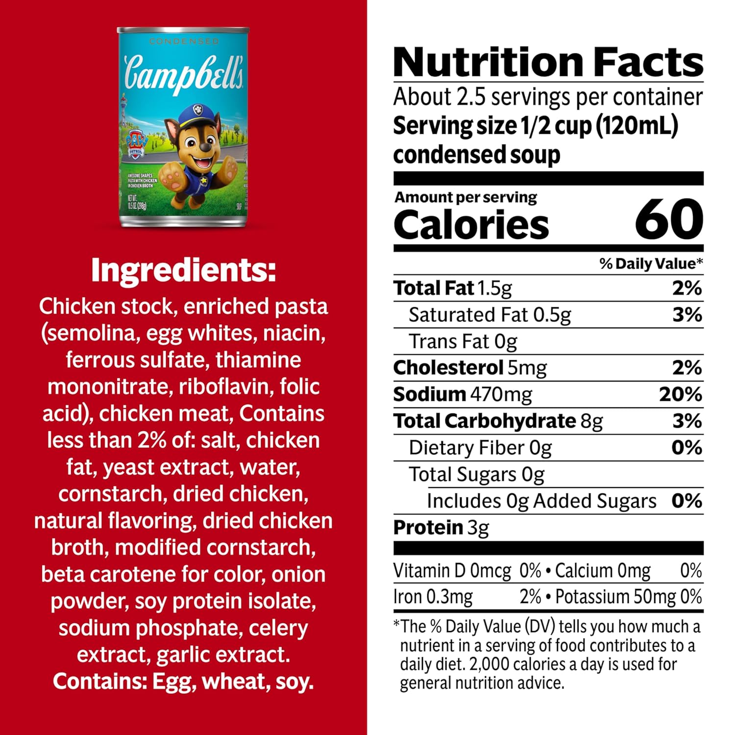 Campbell’s Condensed Kids Soup, Paw Patrol Awesome Shapes Pasta With Chicken in Chicken Broth, 10.5 oz Can (12 Pack)
