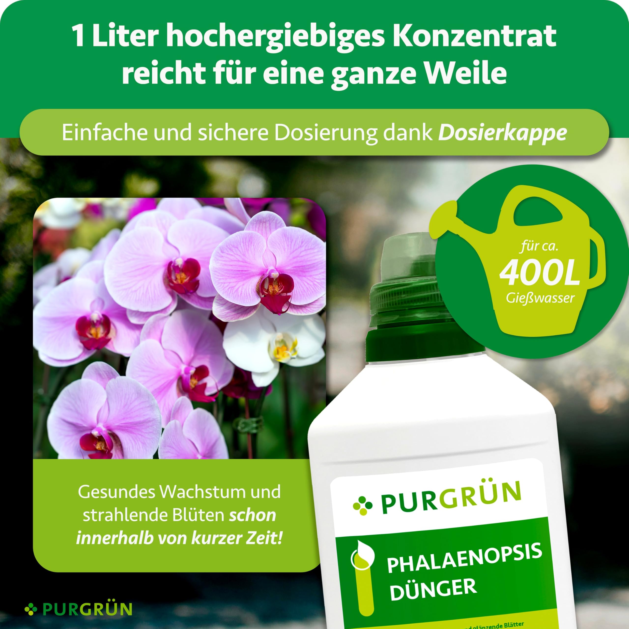 Phalaenopsis-Dünger 1 Liter – Leuchtende Blüten & glänzende Blätter – Schnelle Wirkung mit Spurennährstoffen – Erhöhte Widerstandskraft durch Kalium – Für ca. 400 Liter Gießwasser