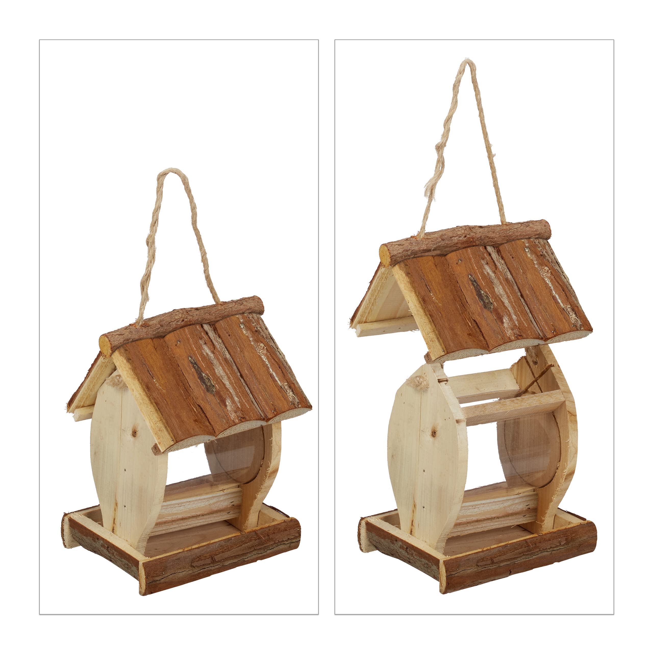 Relaxdays Mangeoire à Oiseaux, en Bois, à Suspendre, avec écorce et réservoir, H x L x P : 20 x 15,5 x 13 cm, Nature