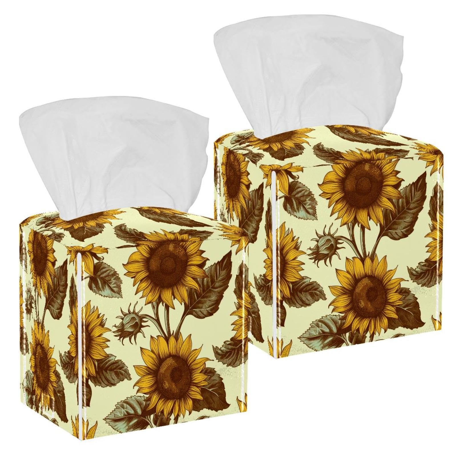 Sunflower Tissue Box Cover, 2 Pack PU Leather Square Facial Tissue Dispenser Box holder for Home Office Car
