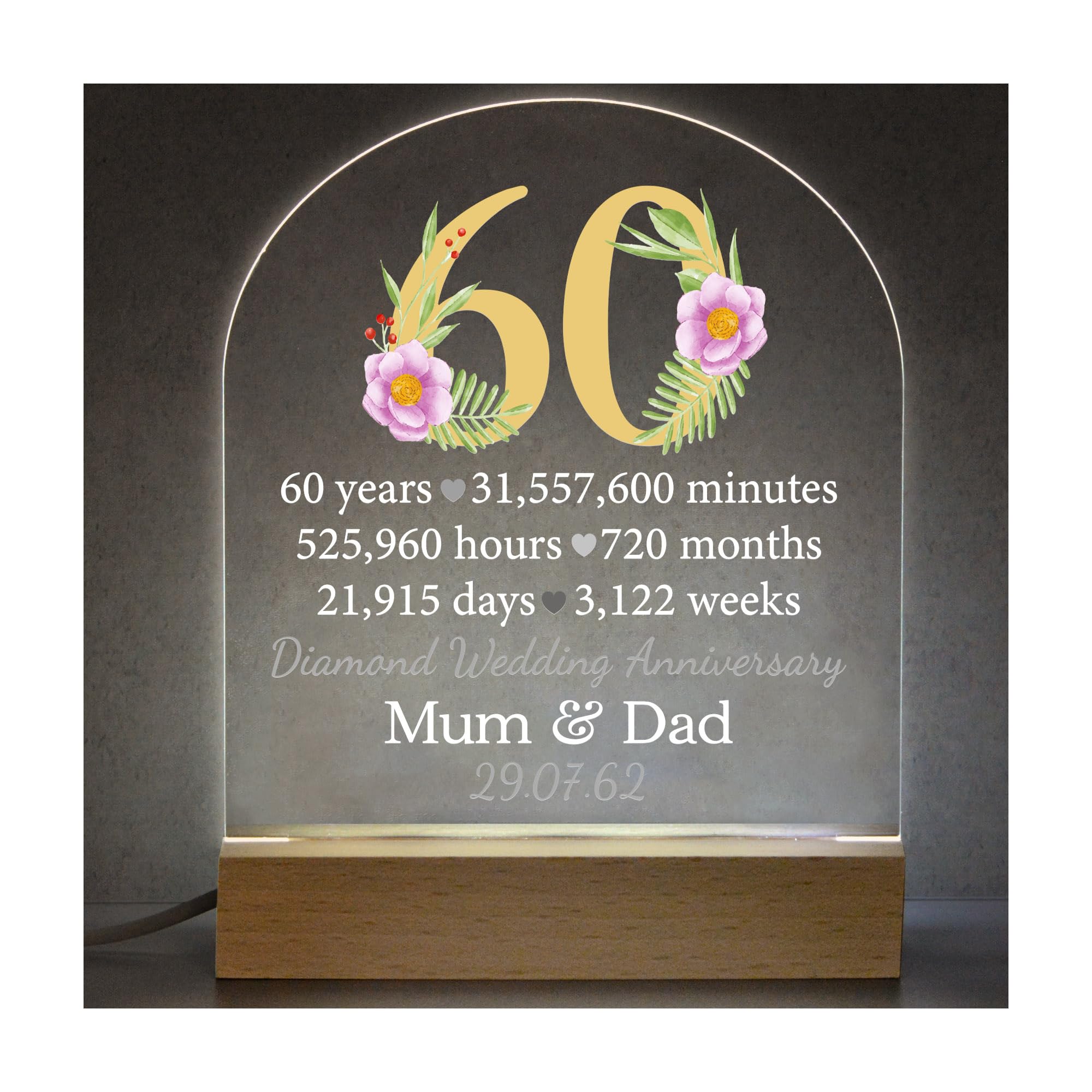60th Diamond Wedding Anniversary Gifts For Parents Mum and Dad, Personalised Diamond Anniversary LED Lamp Light, Grandparents 60th Anniversary, 60 Years Married