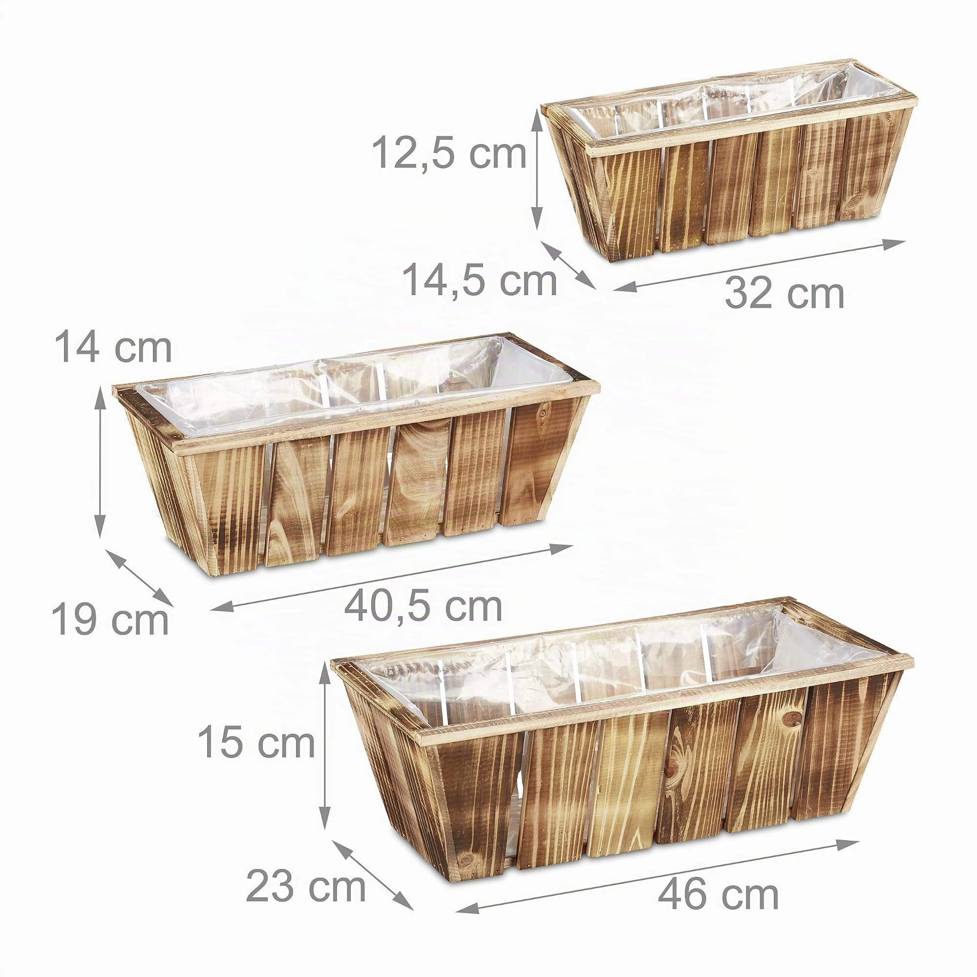 Relaxdays Pack de 3 Macetas de Madera, Jardineras, 3 Tamaños, Tiestos Flores, Interior y Exterior, con Plástico, Marrón